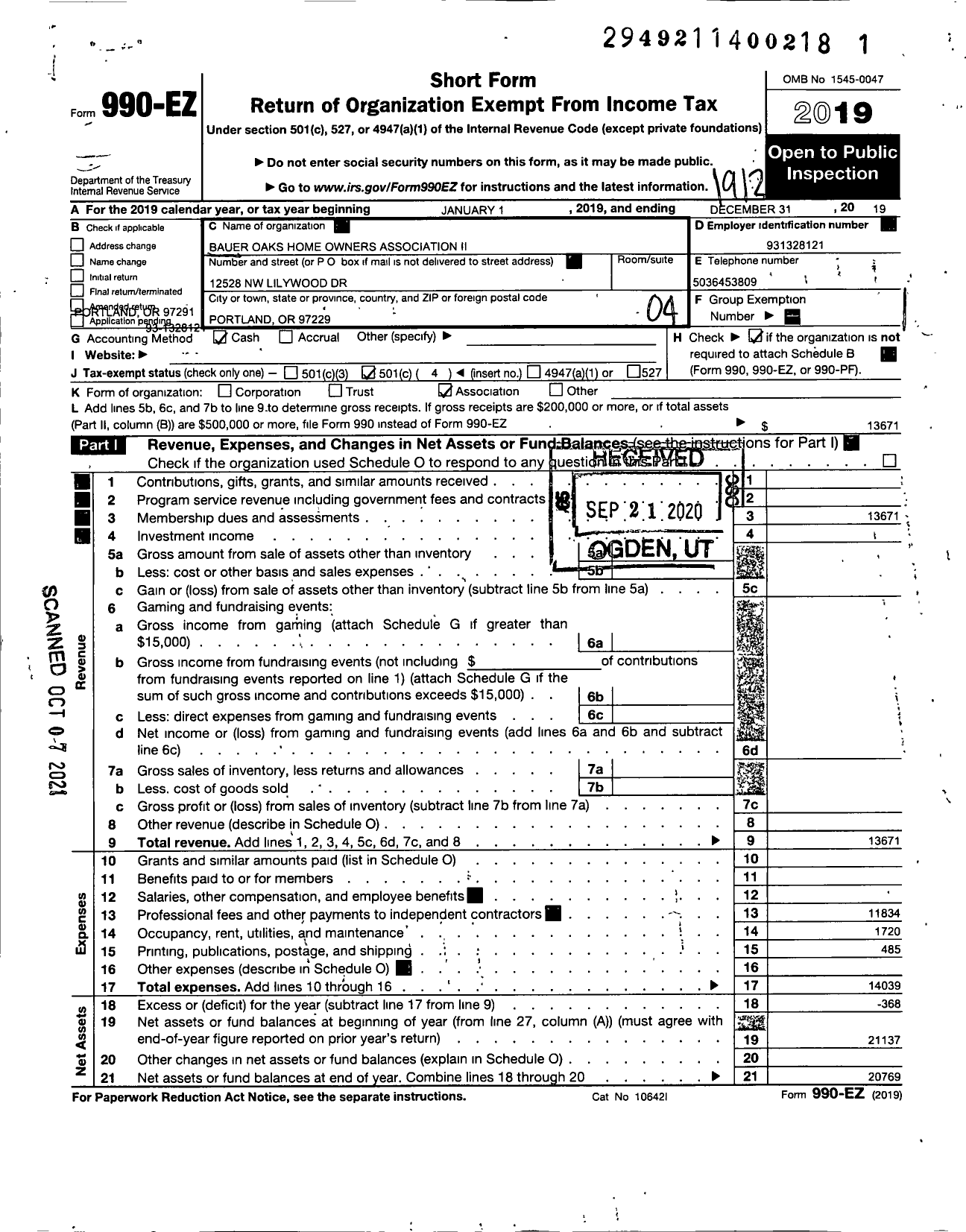 Image of first page of 2019 Form 990EO for Bauer Oaks Home Owners Association Ii