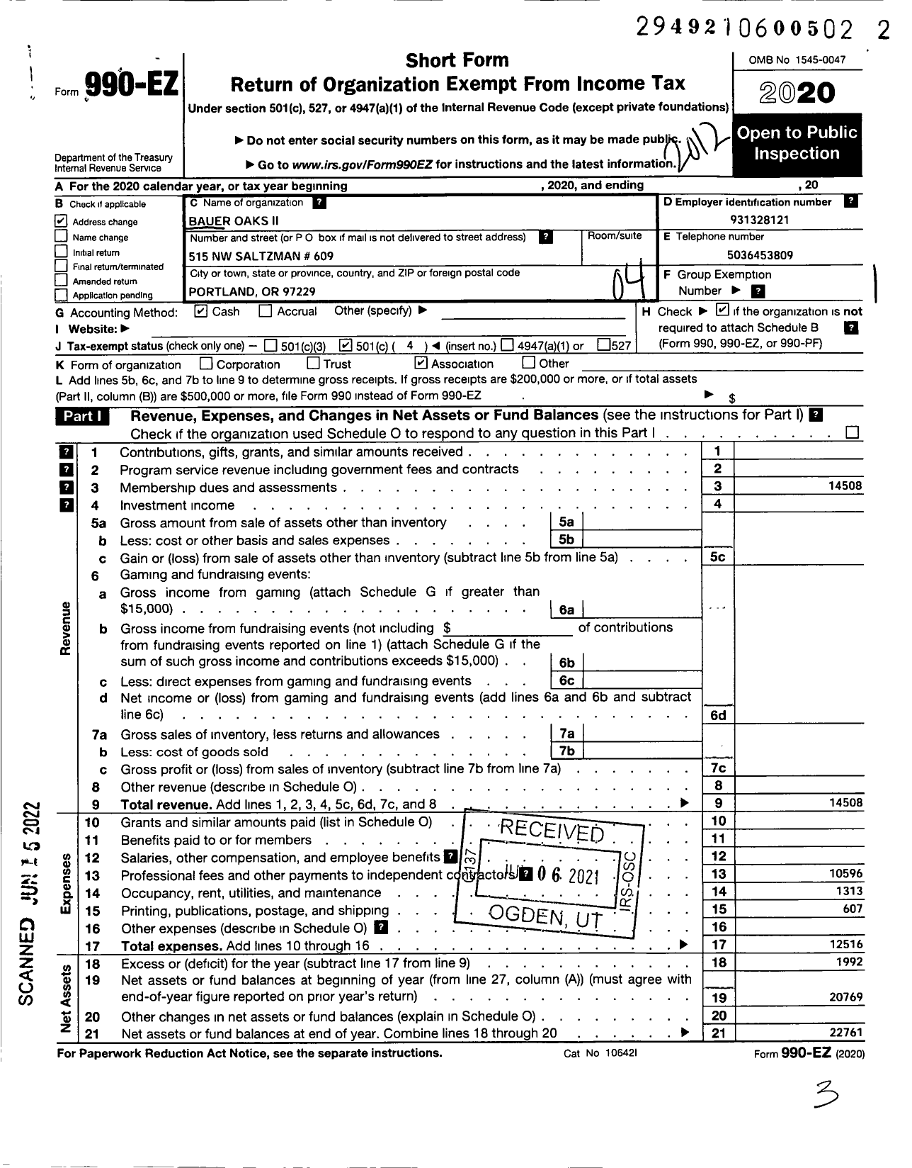 Image of first page of 2020 Form 990EO for Bauer Oaks Home Owners Association Ii