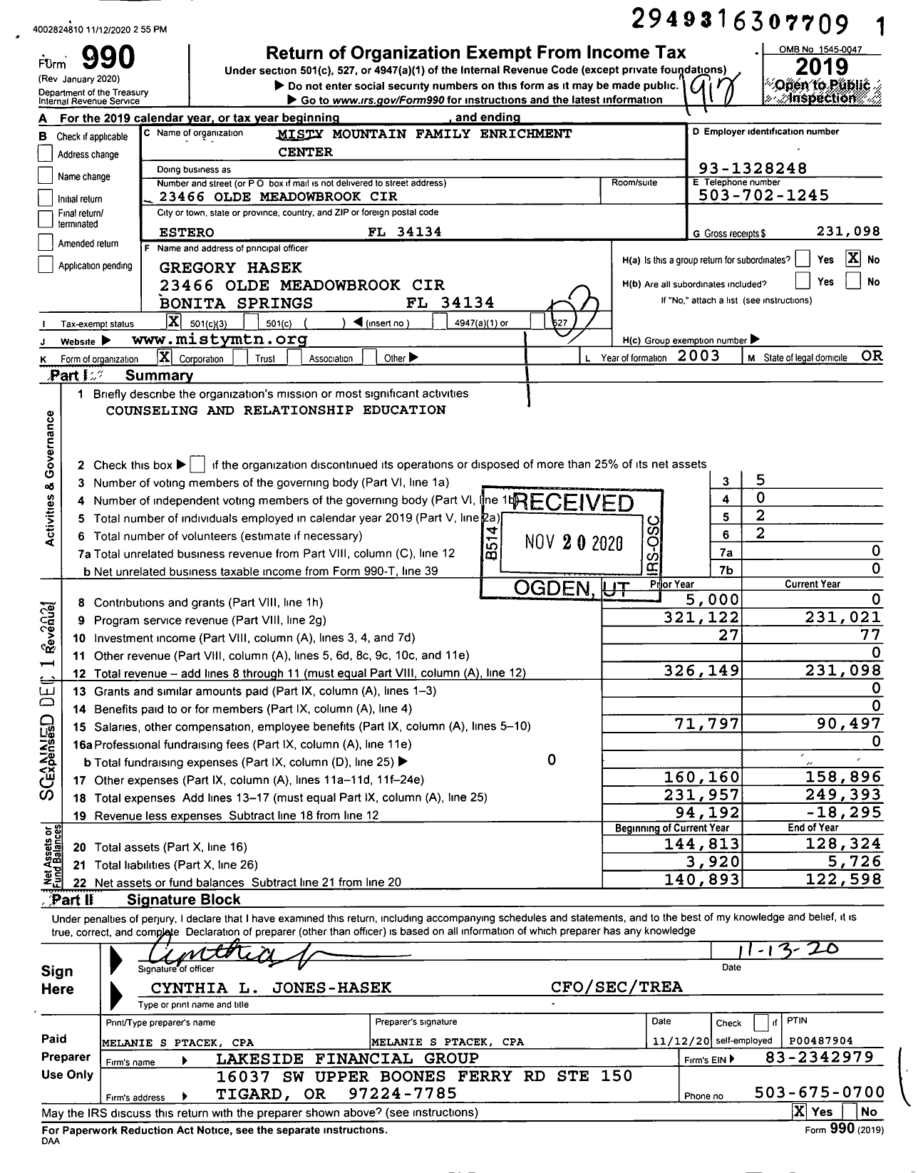 Image of first page of 2019 Form 990 for Misty Mountain Family Enrichment Center