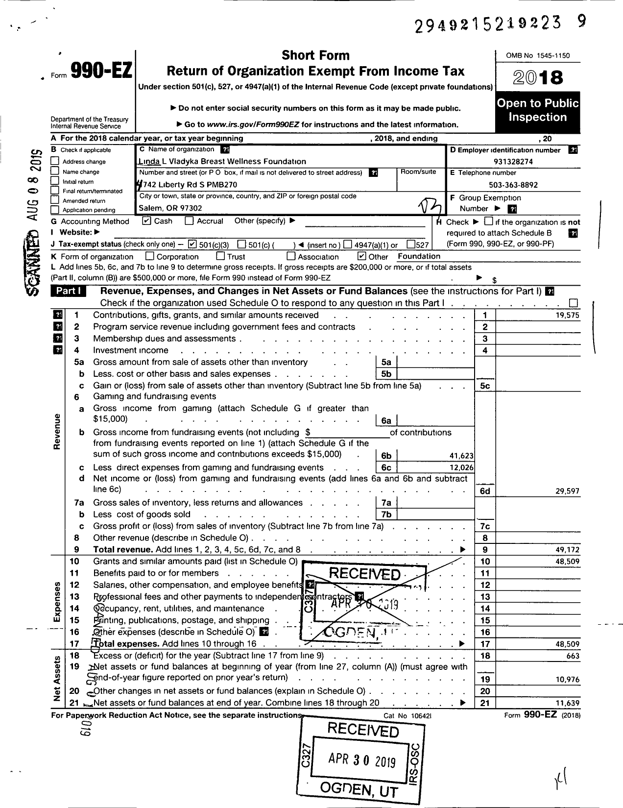 Image of first page of 2018 Form 990EZ for Linda L Vladyka Breast Wellness Foundation