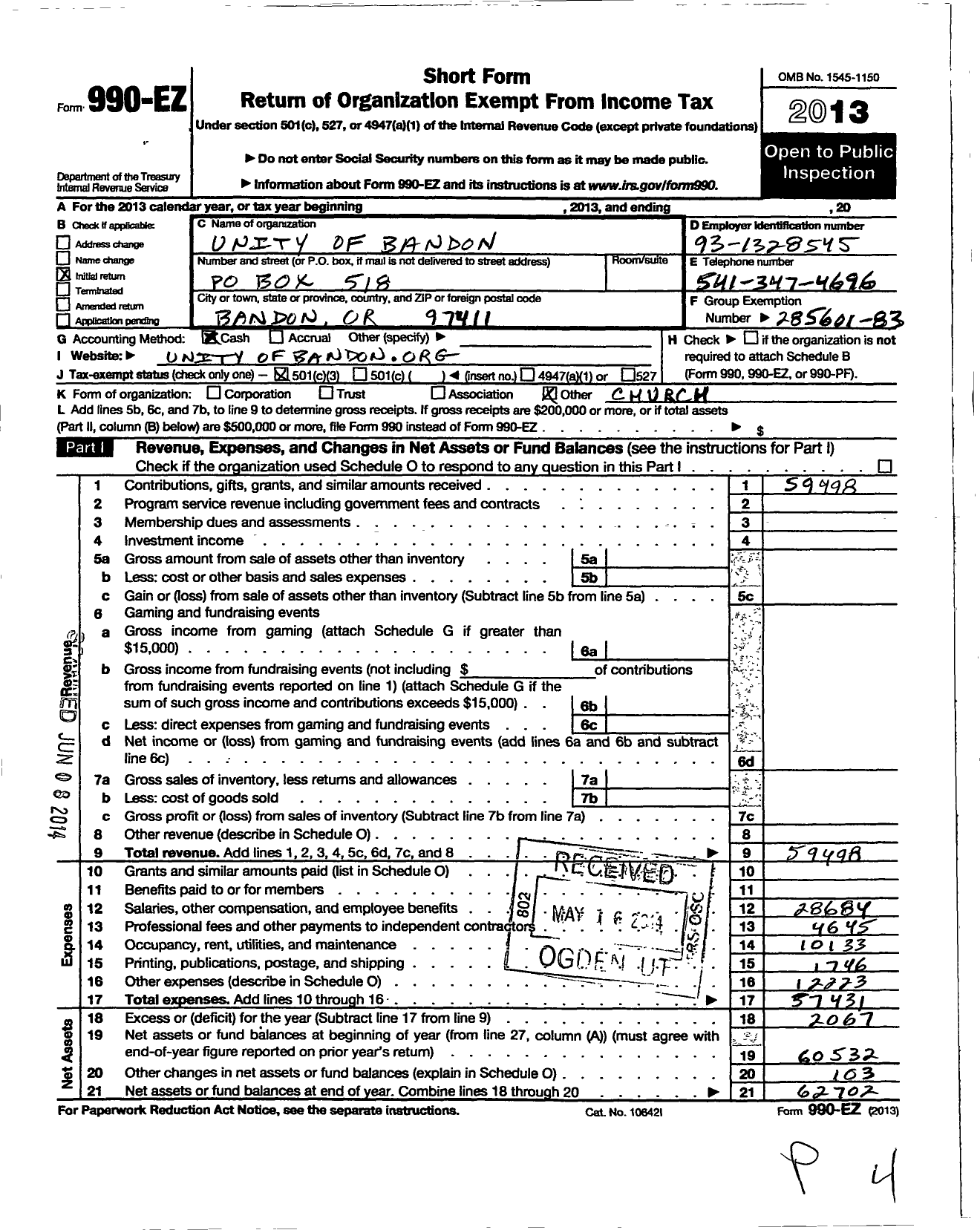 Image of first page of 2013 Form 990EZ for Unity of Bandon