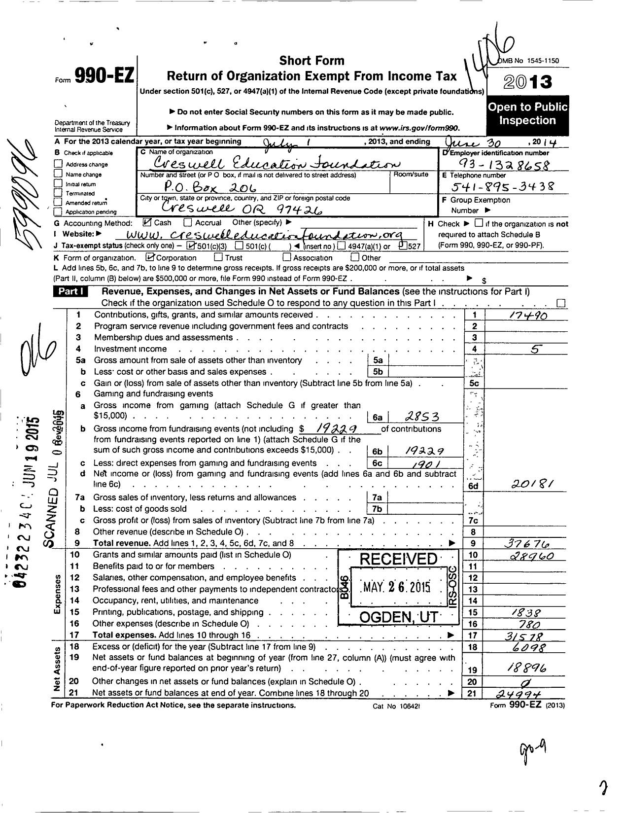 Image of first page of 2013 Form 990EZ for Creswell Education Foundation