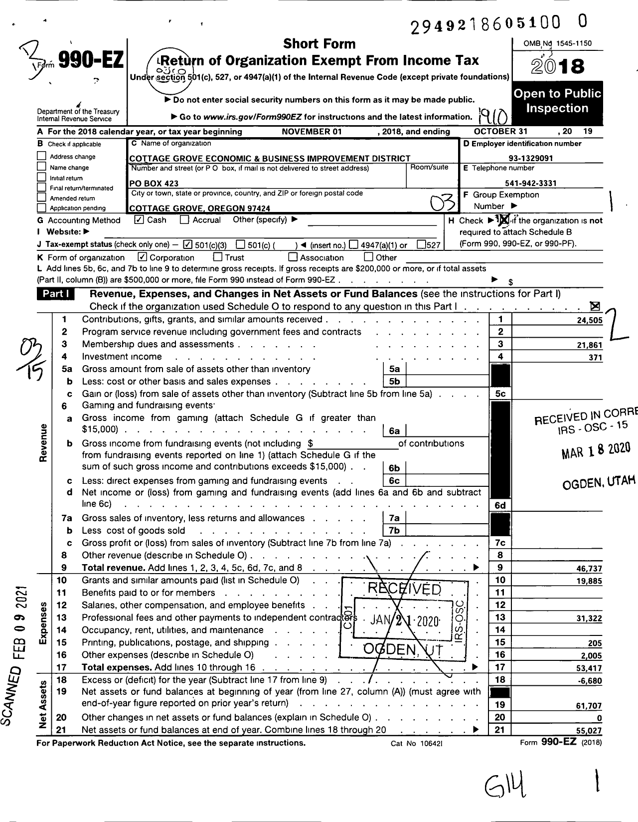 Image of first page of 2018 Form 990EZ for Cottage Grove Economic and Business Improvement District