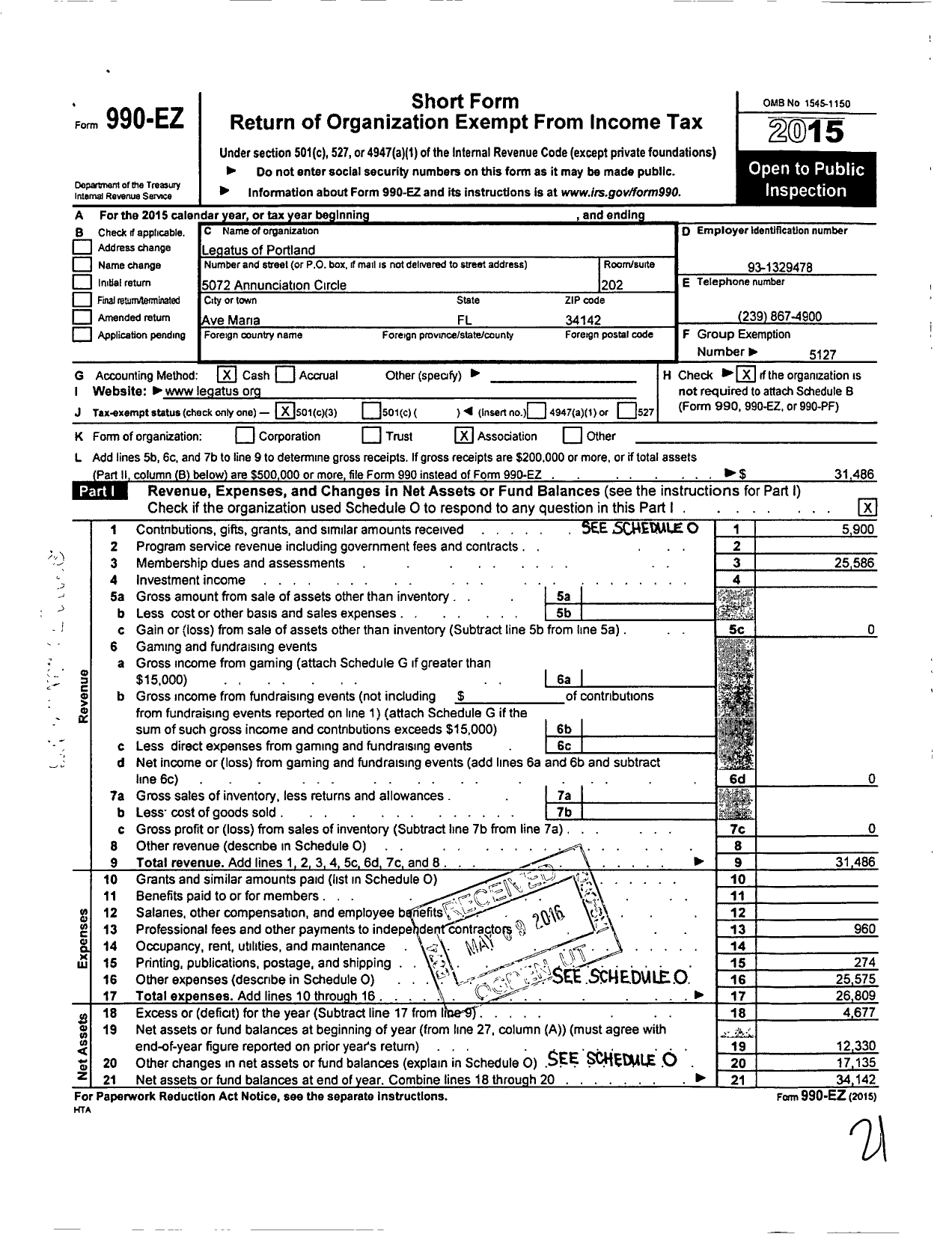 Image of first page of 2015 Form 990EZ for Legatus