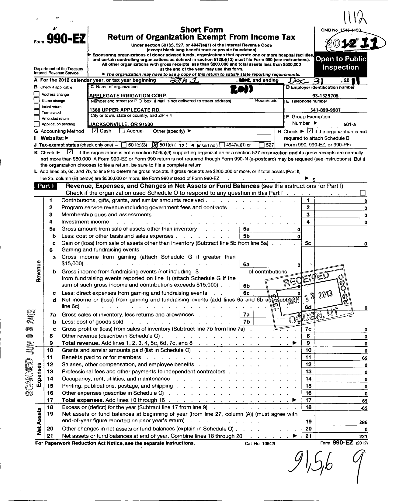 Image of first page of 2011 Form 990EO for Applegate Irrigation Corporation