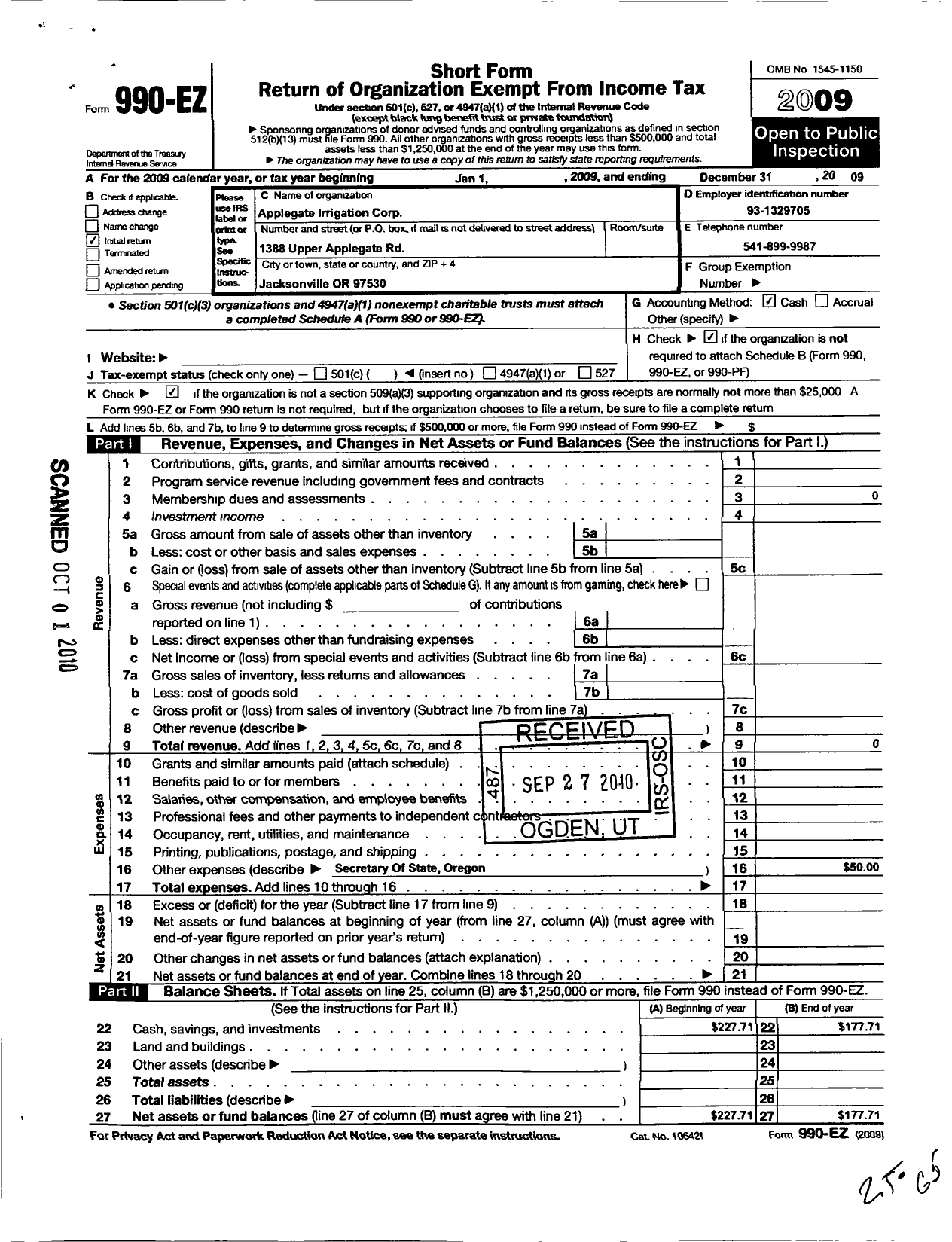 Image of first page of 2009 Form 990EO for Applegate Irrigation Corporation