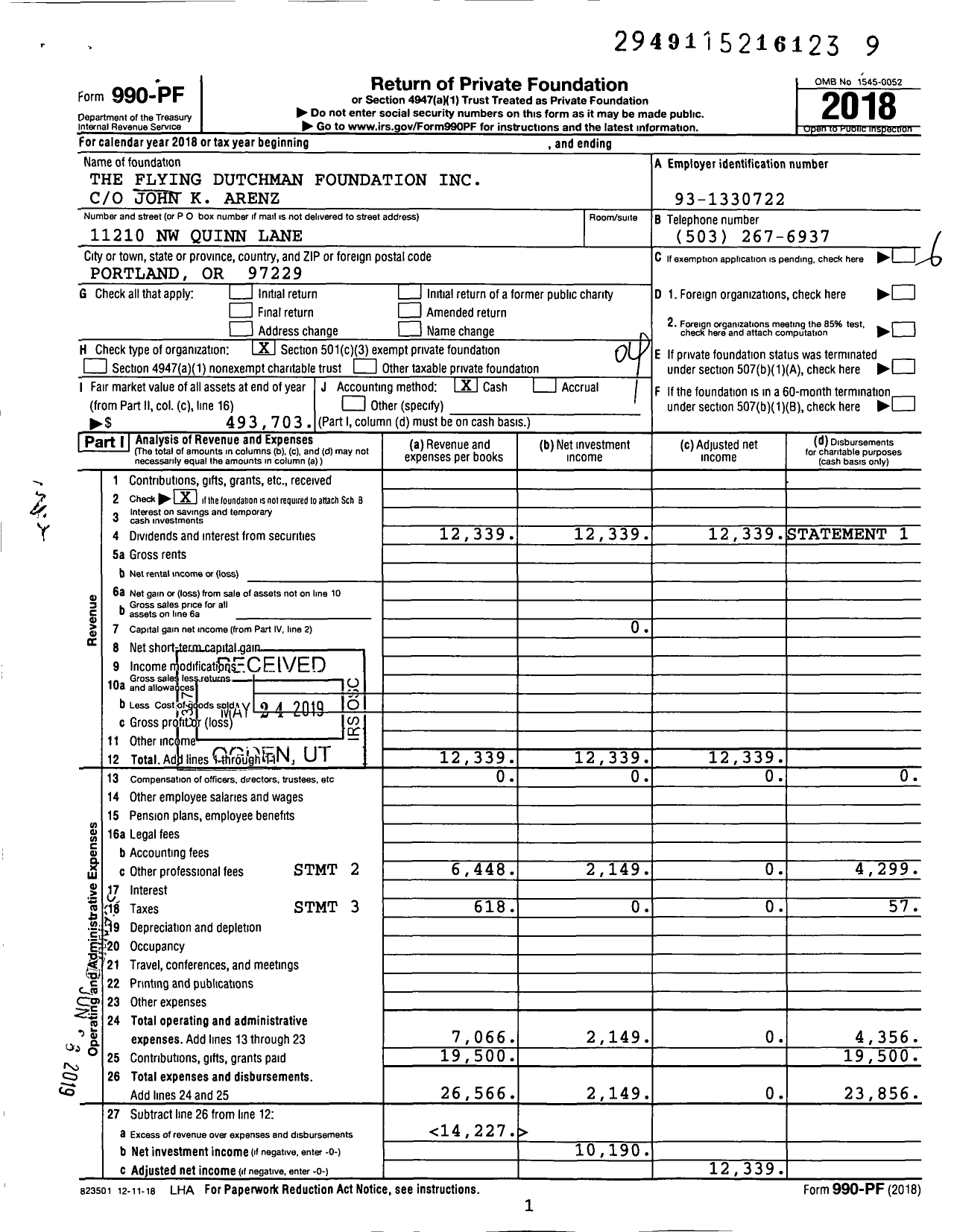 Image of first page of 2018 Form 990PF for The Flying Dutchman Foundation