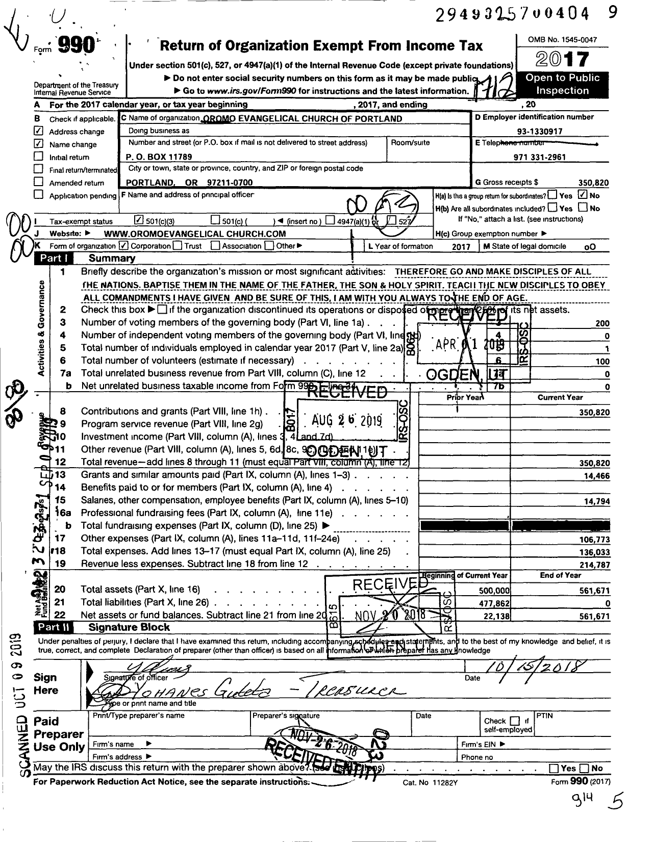 Image of first page of 2017 Form 990O for Oromo Evangelical Church of Portland