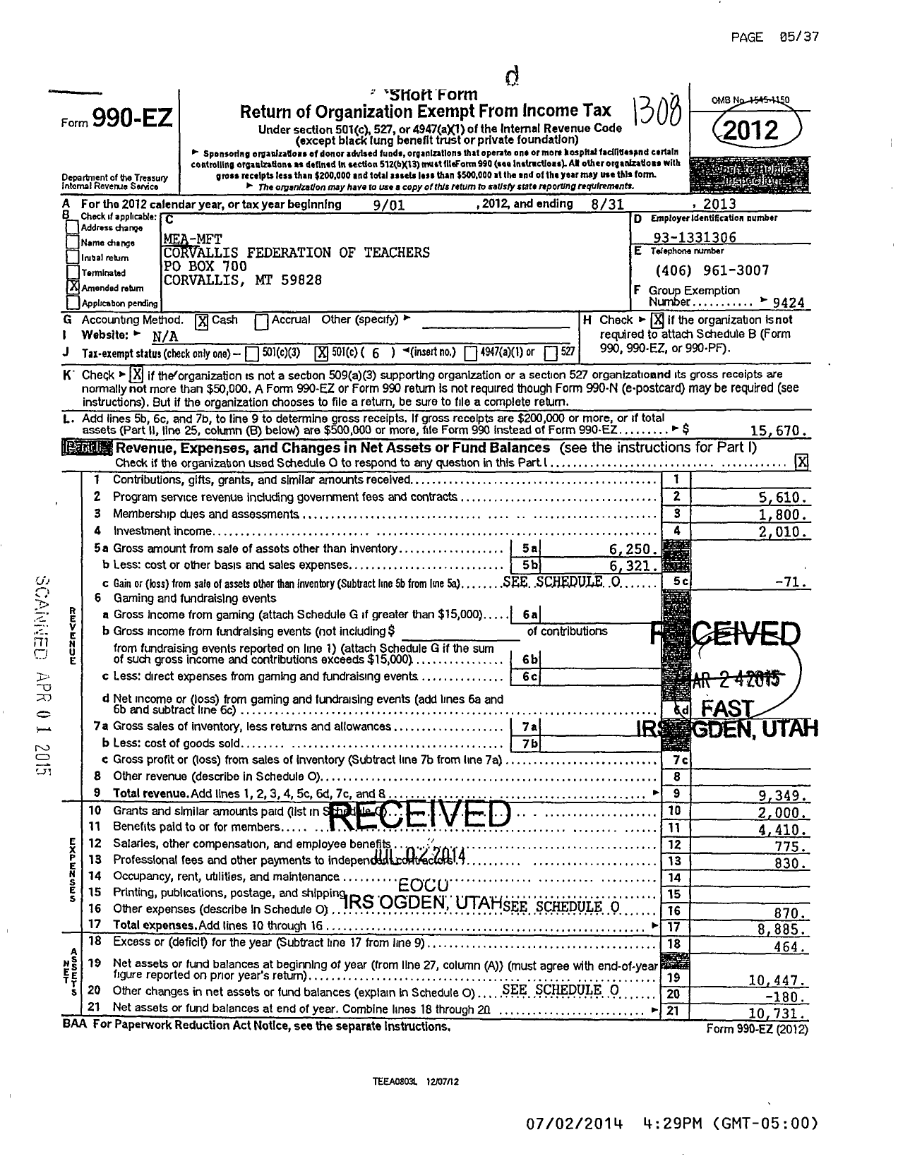 Image of first page of 2012 Form 990EO for Montana Federation of Public Employees / Corvallis Faculty Group