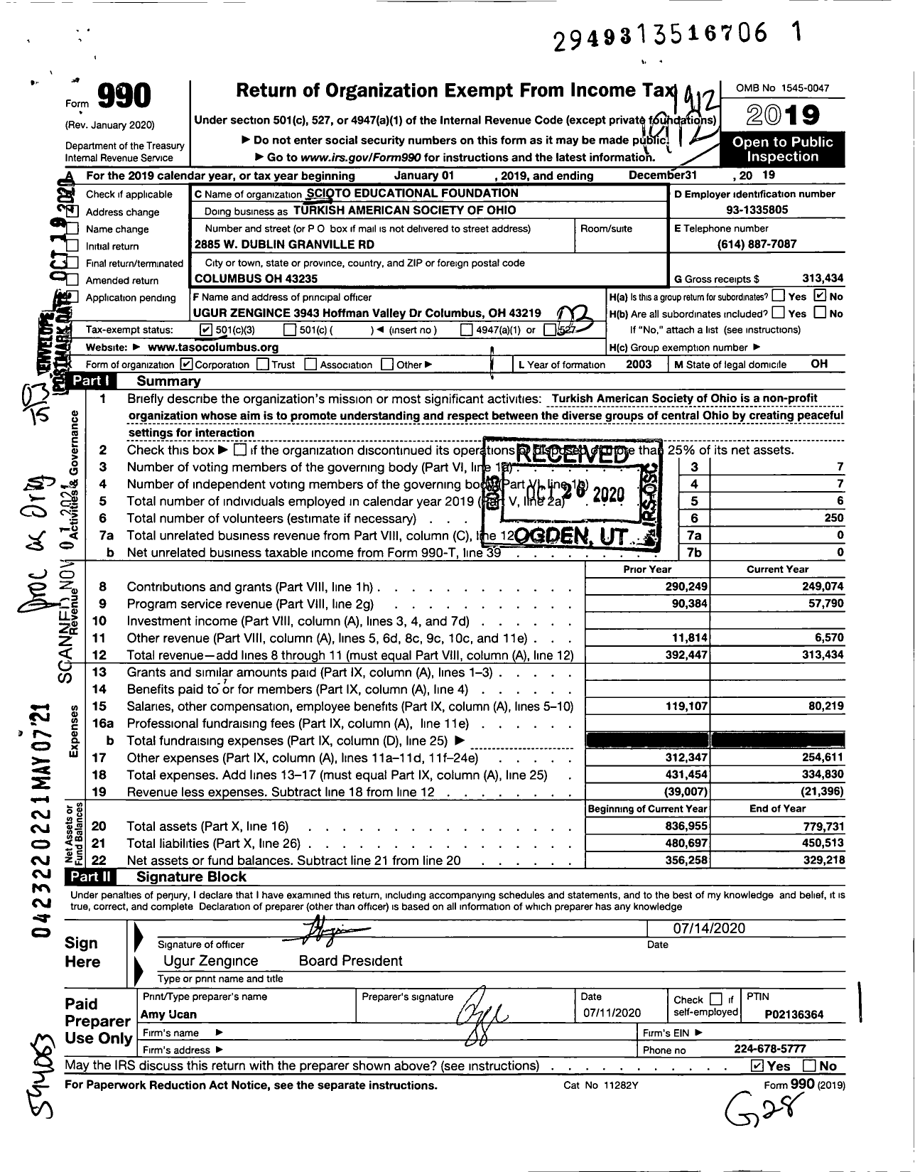 Image of first page of 2019 Form 990 for Turkish American Society of Ohio