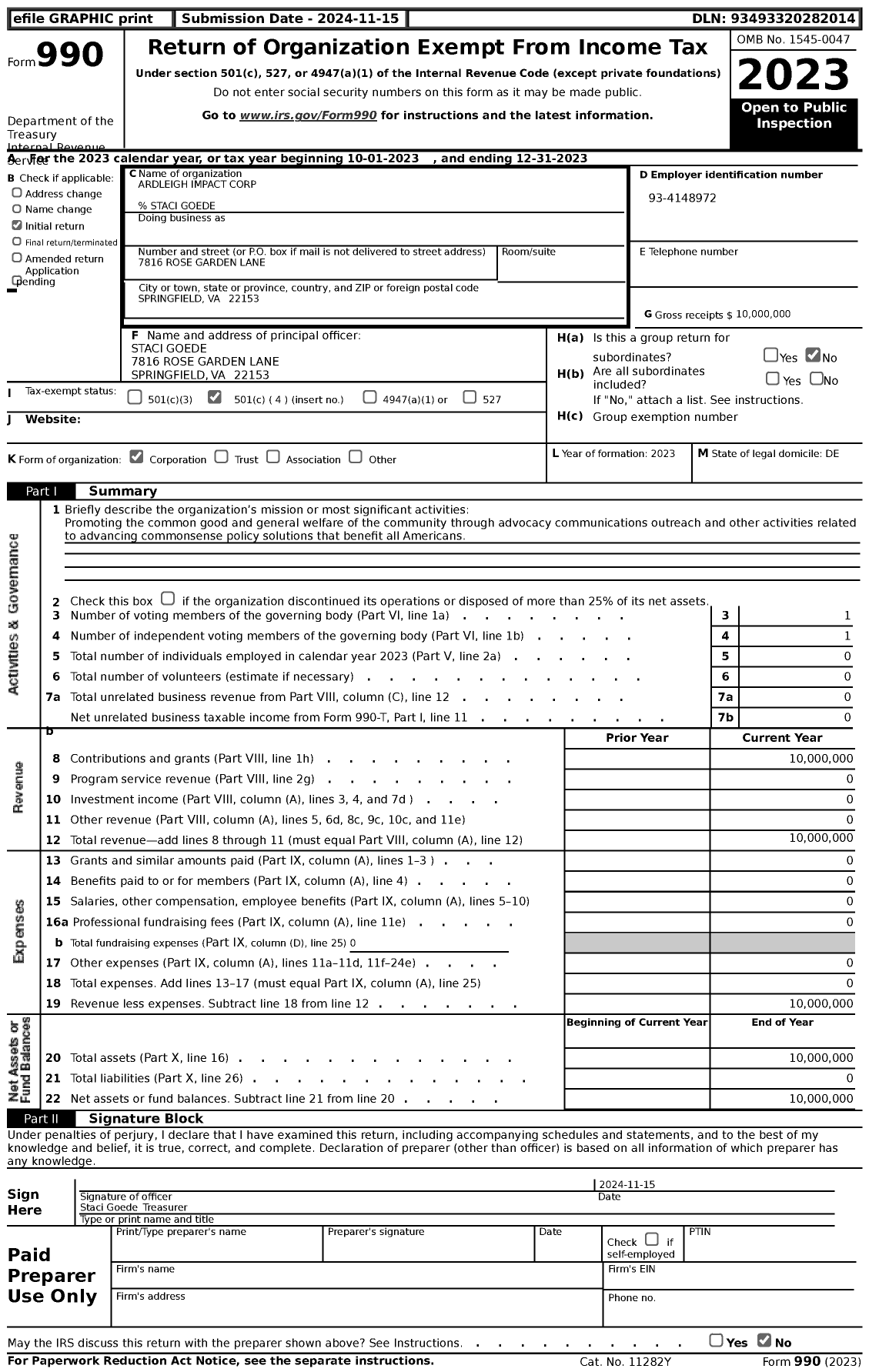 Image of first page of 2023 Form 990 for Ardleigh Impact Corporation