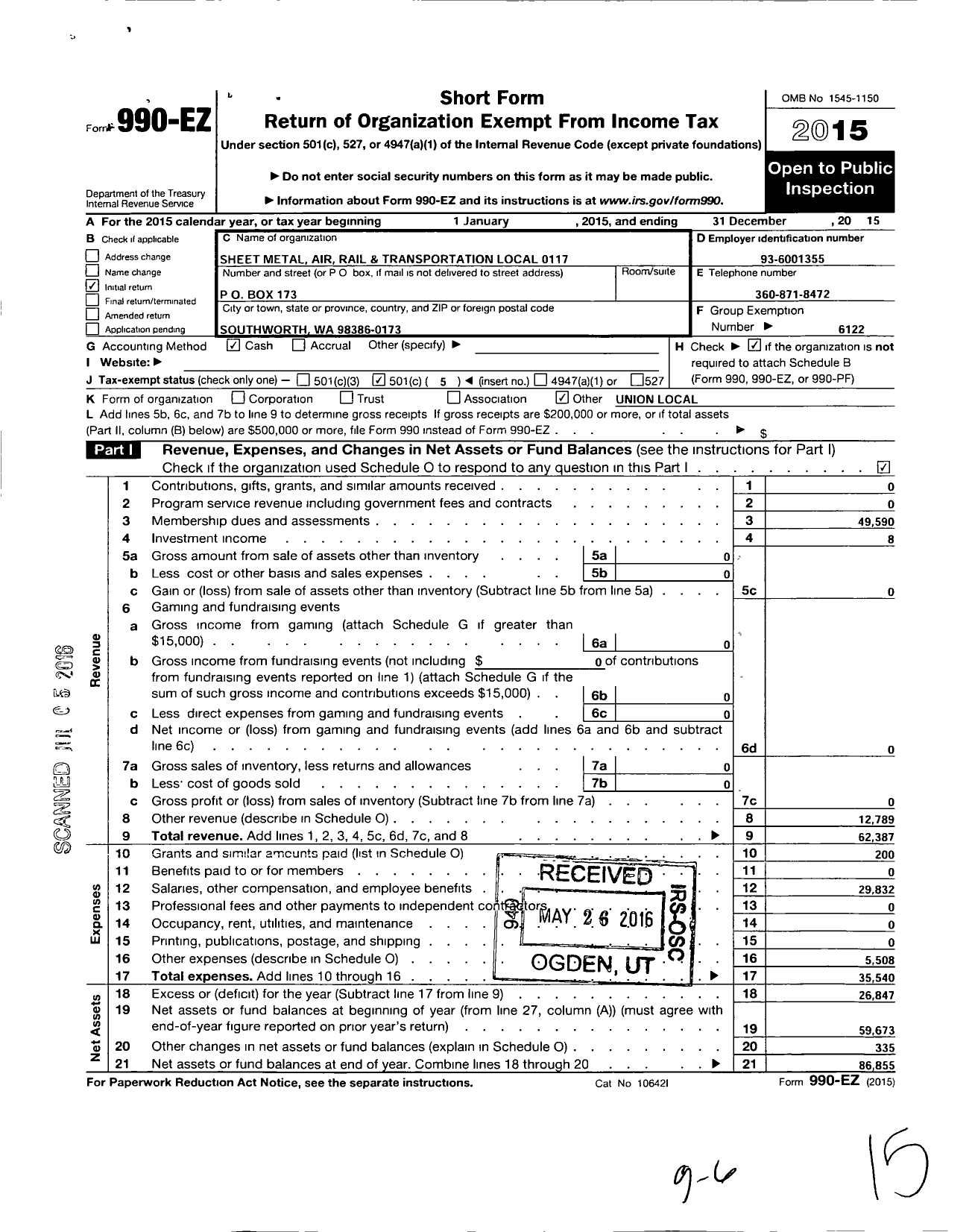 Image of first page of 2015 Form 990EO for Smart Union - Michael A Merrill