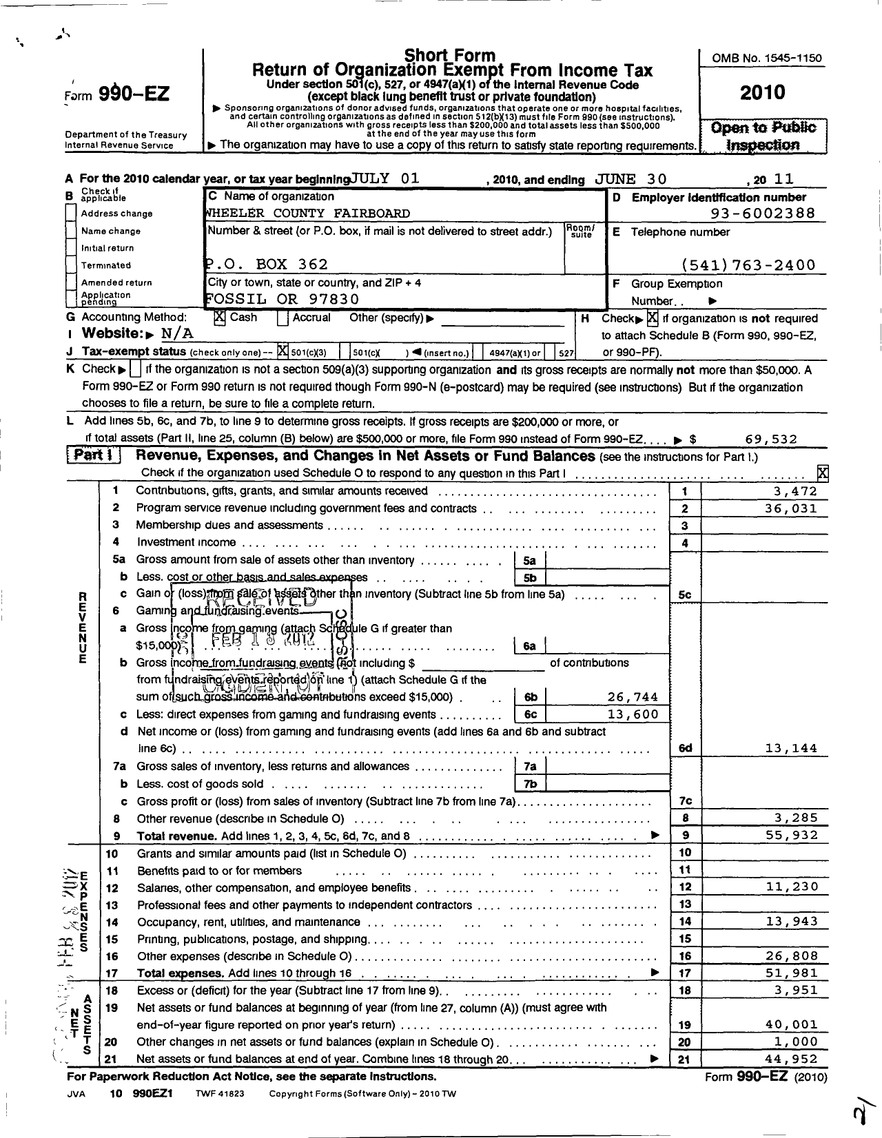 Image of first page of 2010 Form 990EZ for Wheeler County Fair Board