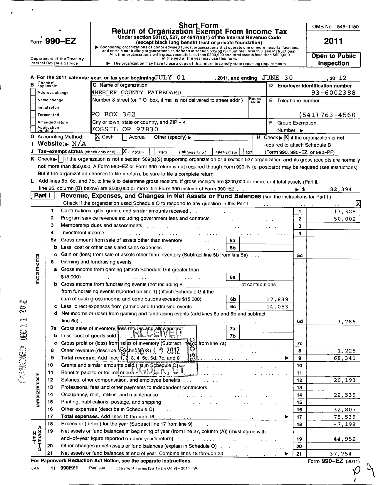 Image of first page of 2011 Form 990EZ for Wheeler County Fair Board