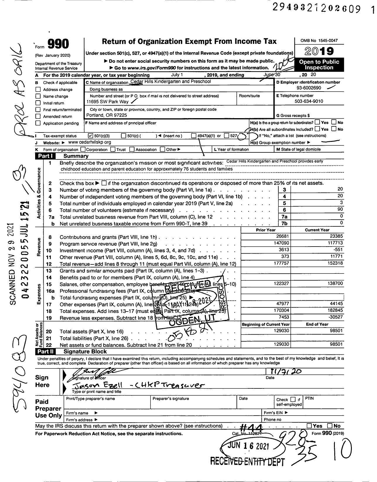 Image of first page of 2019 Form 990 for Cedar Hills Kindergarten and Preschool