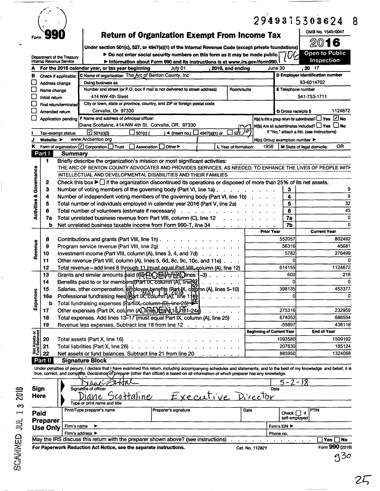 Image of first page of 2016 Form 990 for The Arc of Benton County