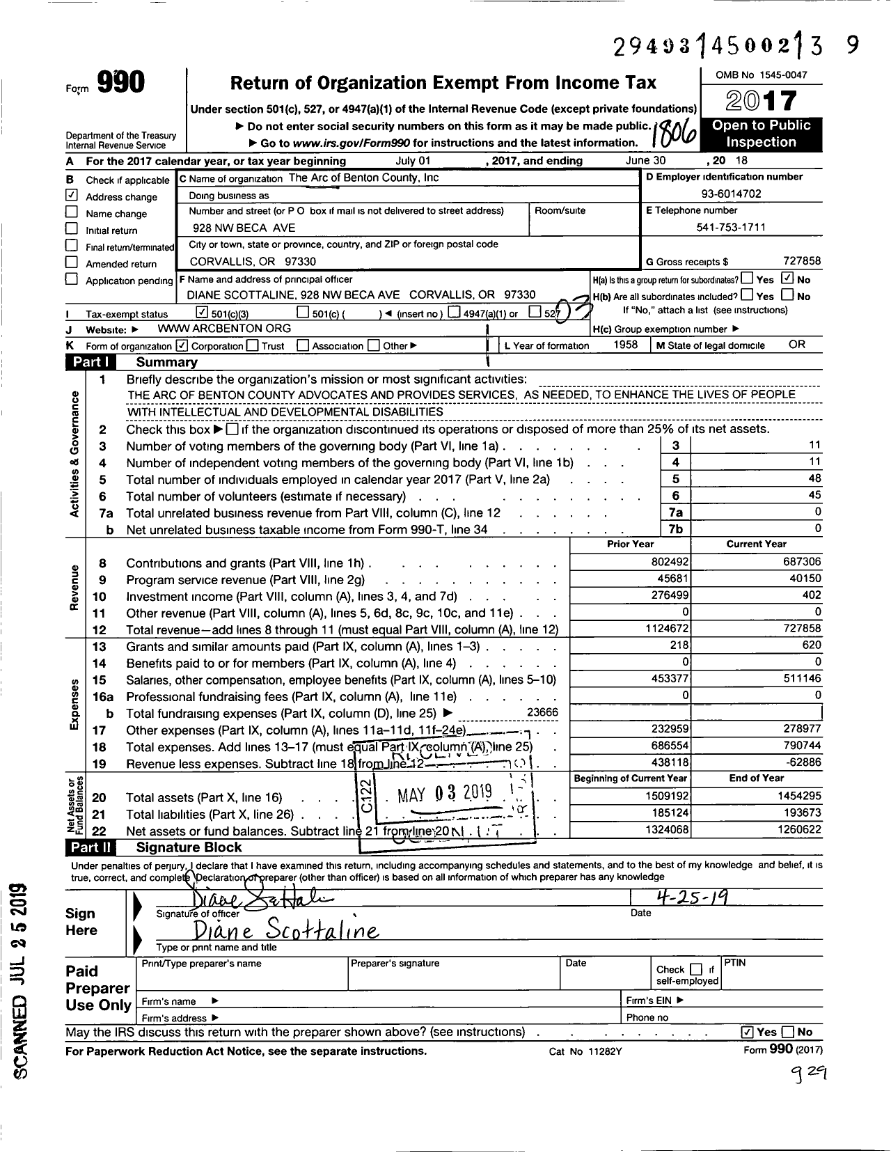 Image of first page of 2017 Form 990 for The Arc of Benton County