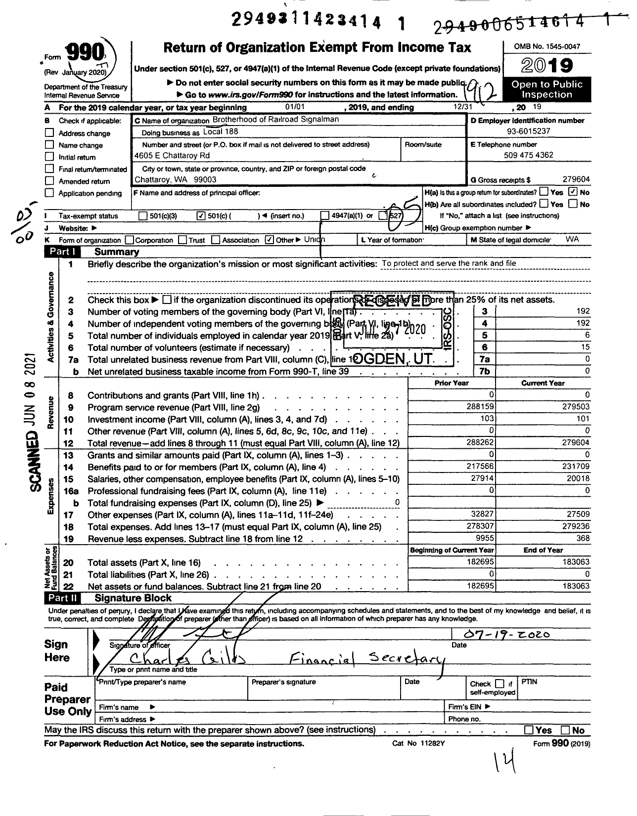 Image of first page of 2019 Form 990O for BROTHERHOOD OF RAILROAD SIGNALMEN - 188 Seattle Portland Region