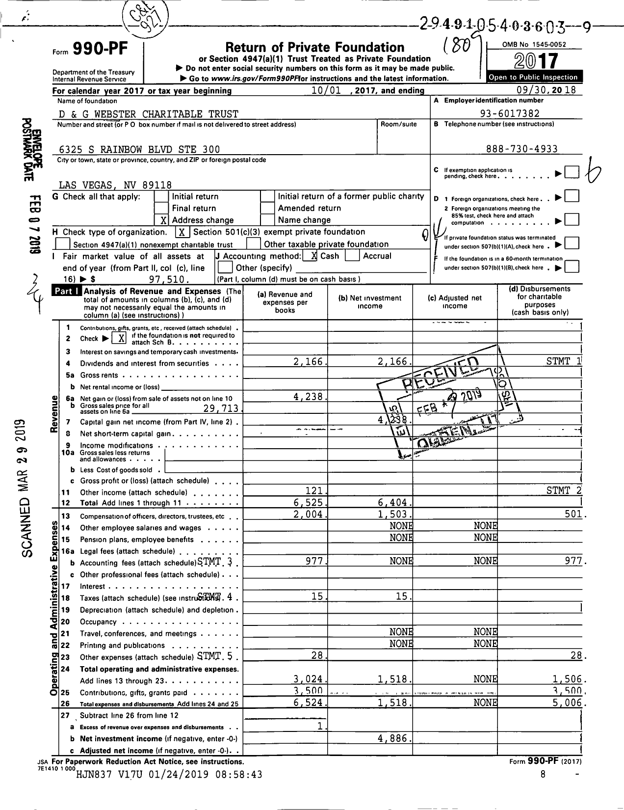 Image of first page of 2017 Form 990PF for D and G Webster Charitable Trust