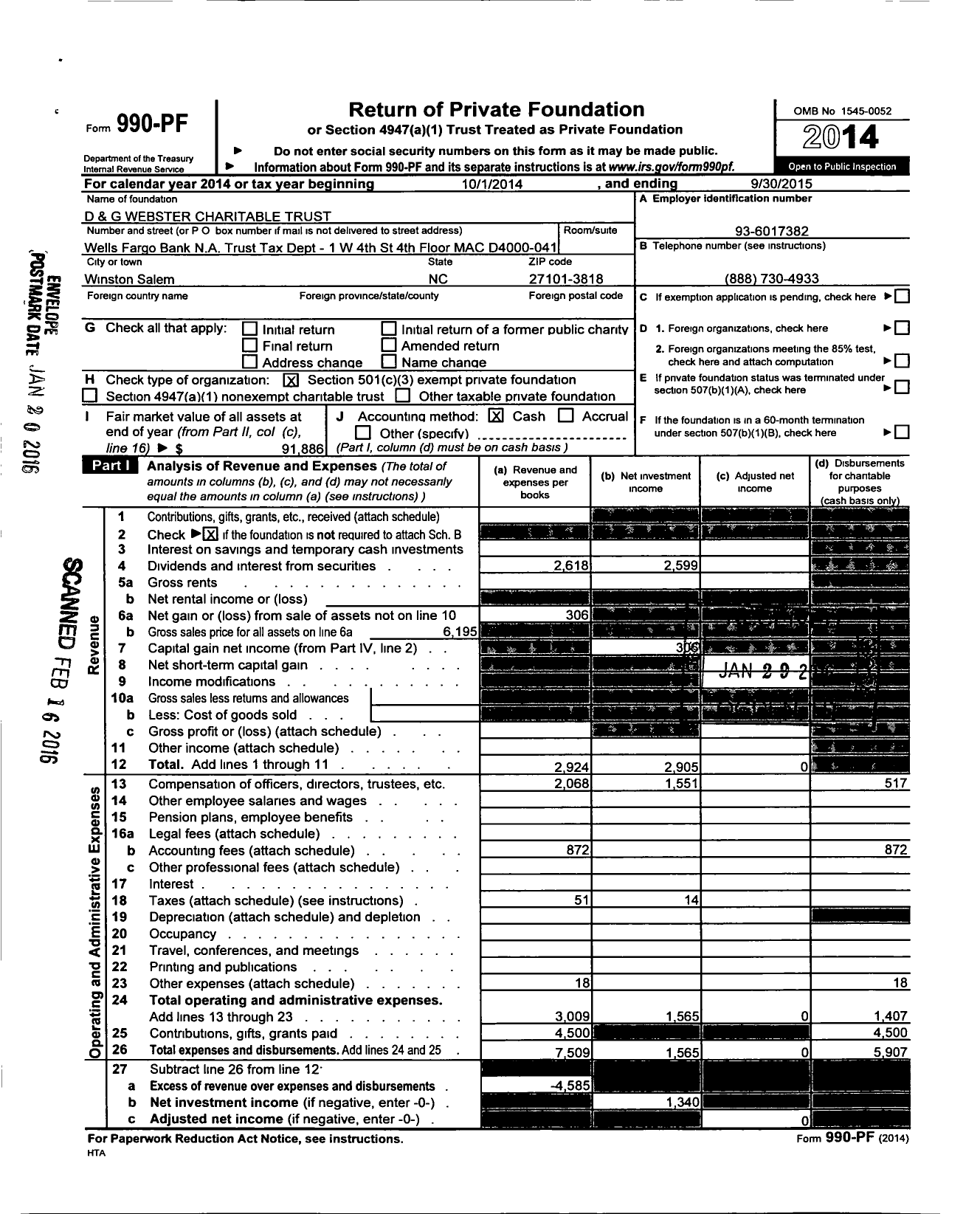 Image of first page of 2014 Form 990PF for D and G Webster Charitable Trust