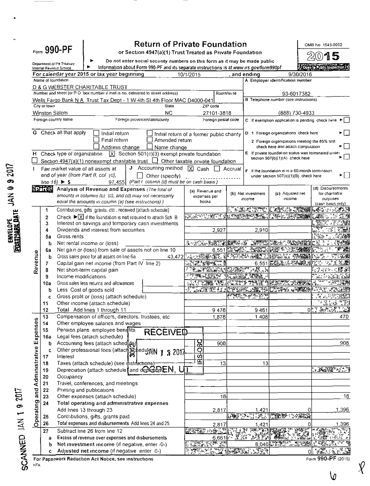 Image of first page of 2015 Form 990PF for D and G Webster Charitable Trust