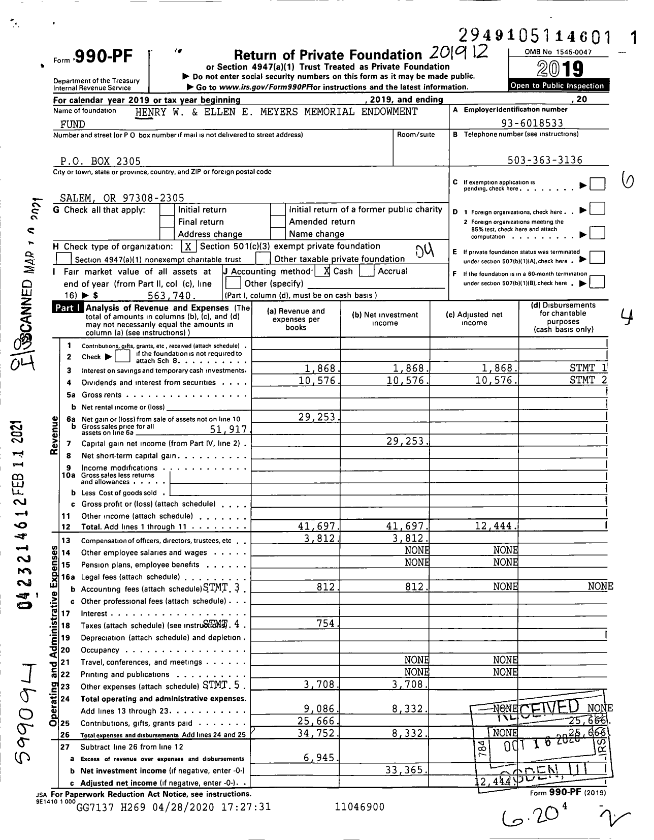 Image of first page of 2019 Form 990PF for Henry W and Ellen E Meyers Memorial Endowment