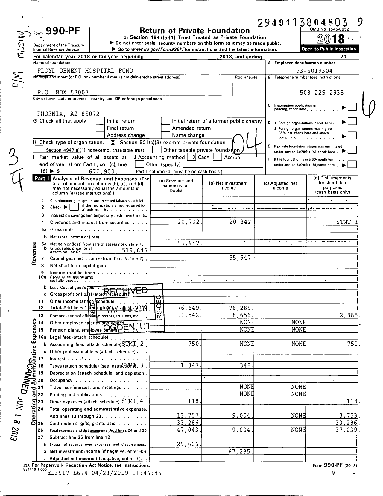 Image of first page of 2018 Form 990PF for Floyd Dement Hospital Fund