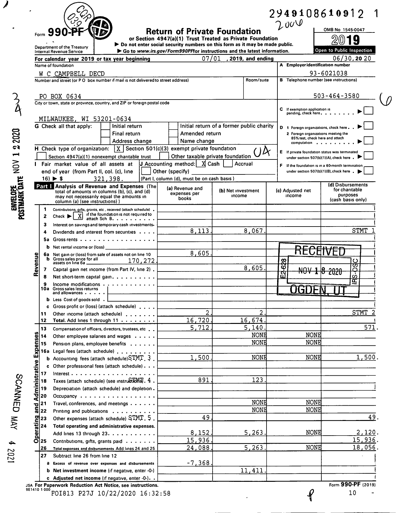 Image of first page of 2019 Form 990PF for W C Campbell Decd