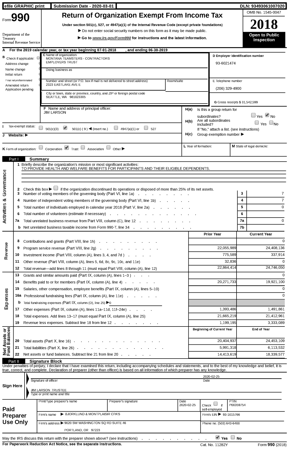 Image of first page of 2018 Form 990 for Montana Teamsters - Contractors Employers Trust