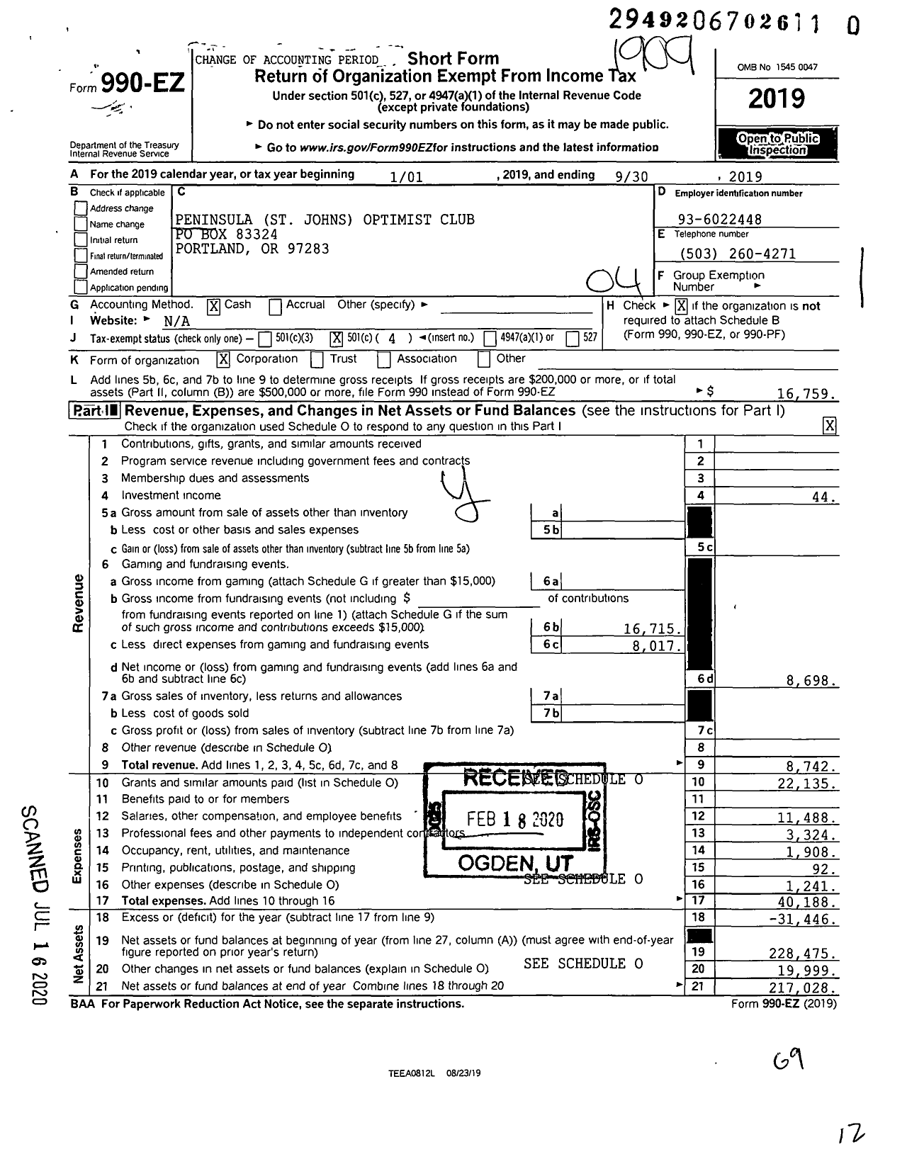 Image of first page of 2018 Form 990EO for Optimist International - 32120 Oc of Portland Peninsula Or