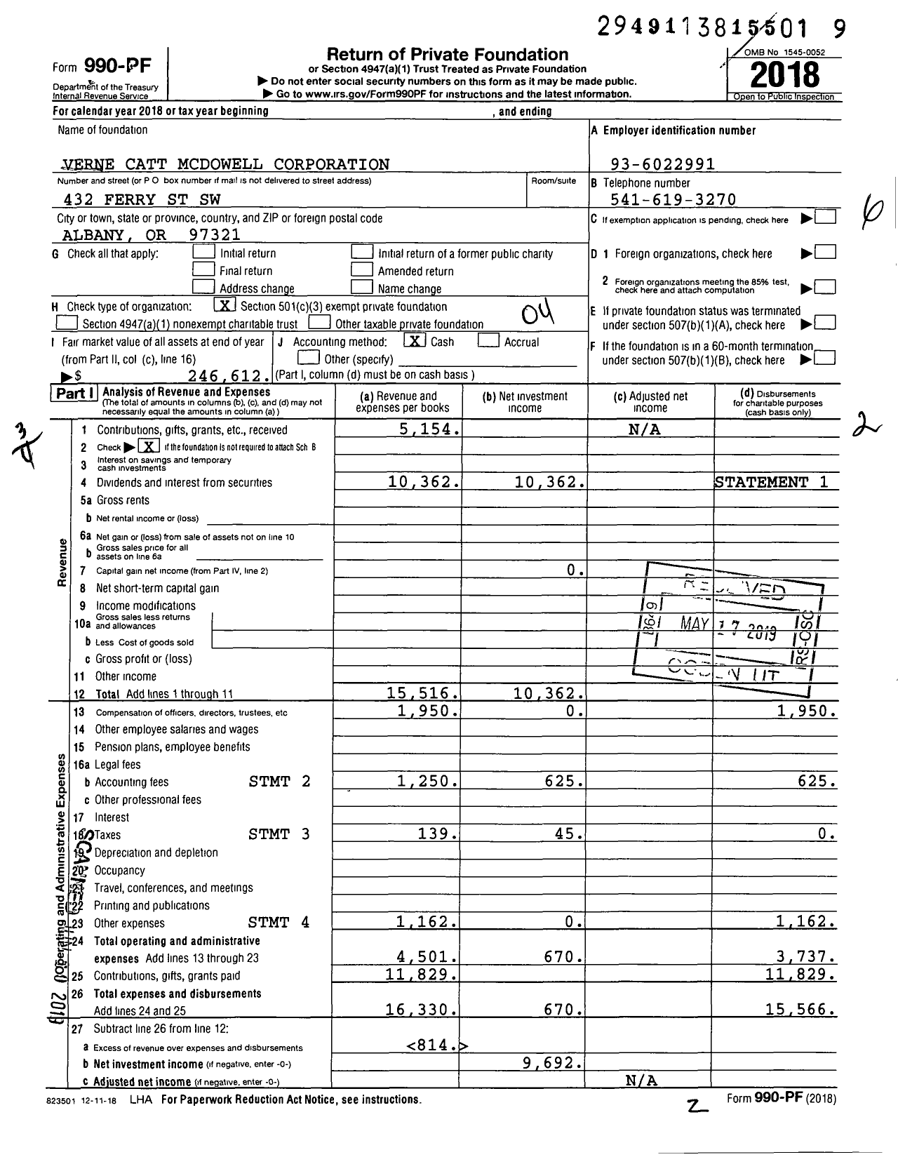 Image of first page of 2018 Form 990PF for Verne Catt McDowell Corporation