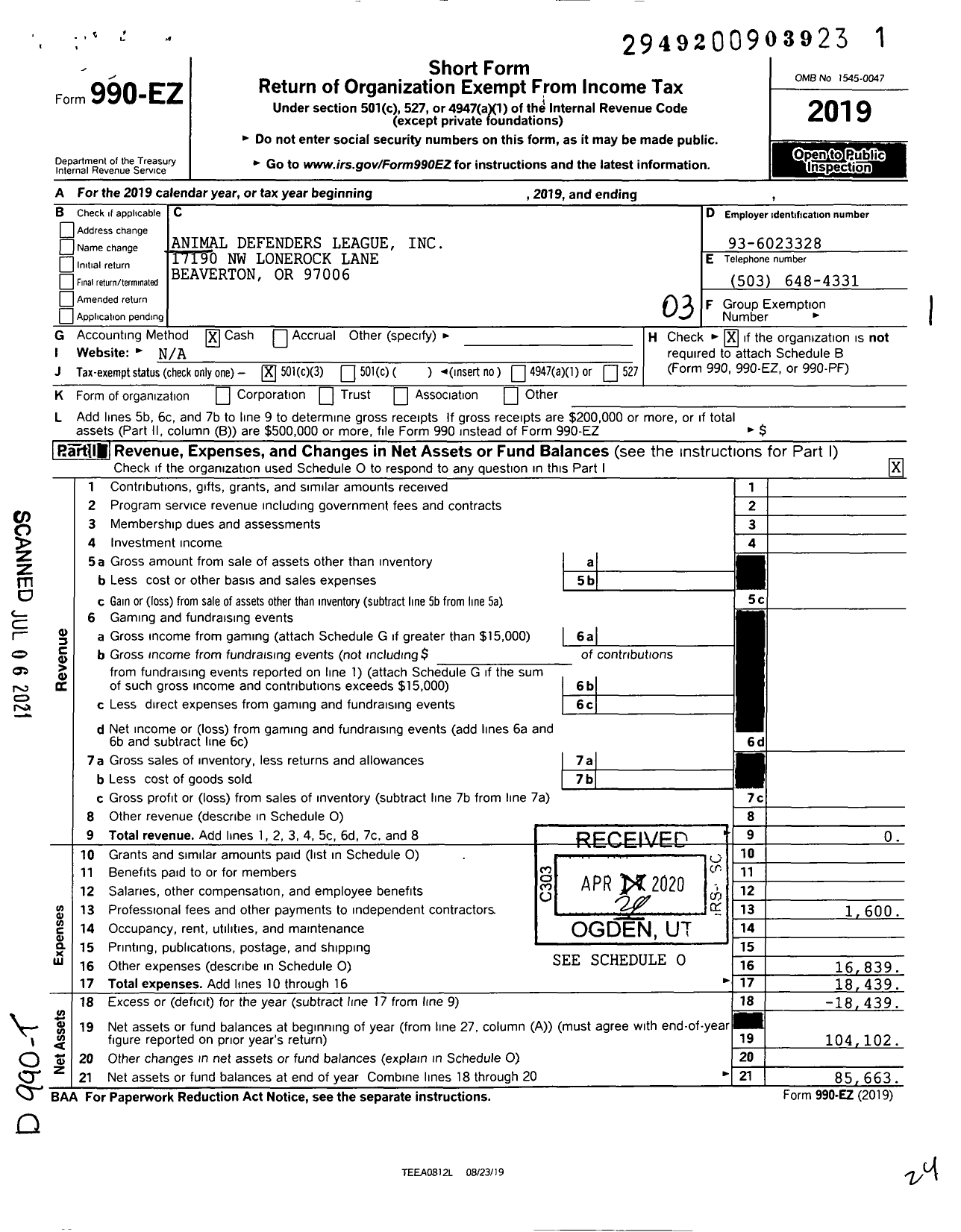 Image of first page of 2019 Form 990EZ for Animal Defenders League