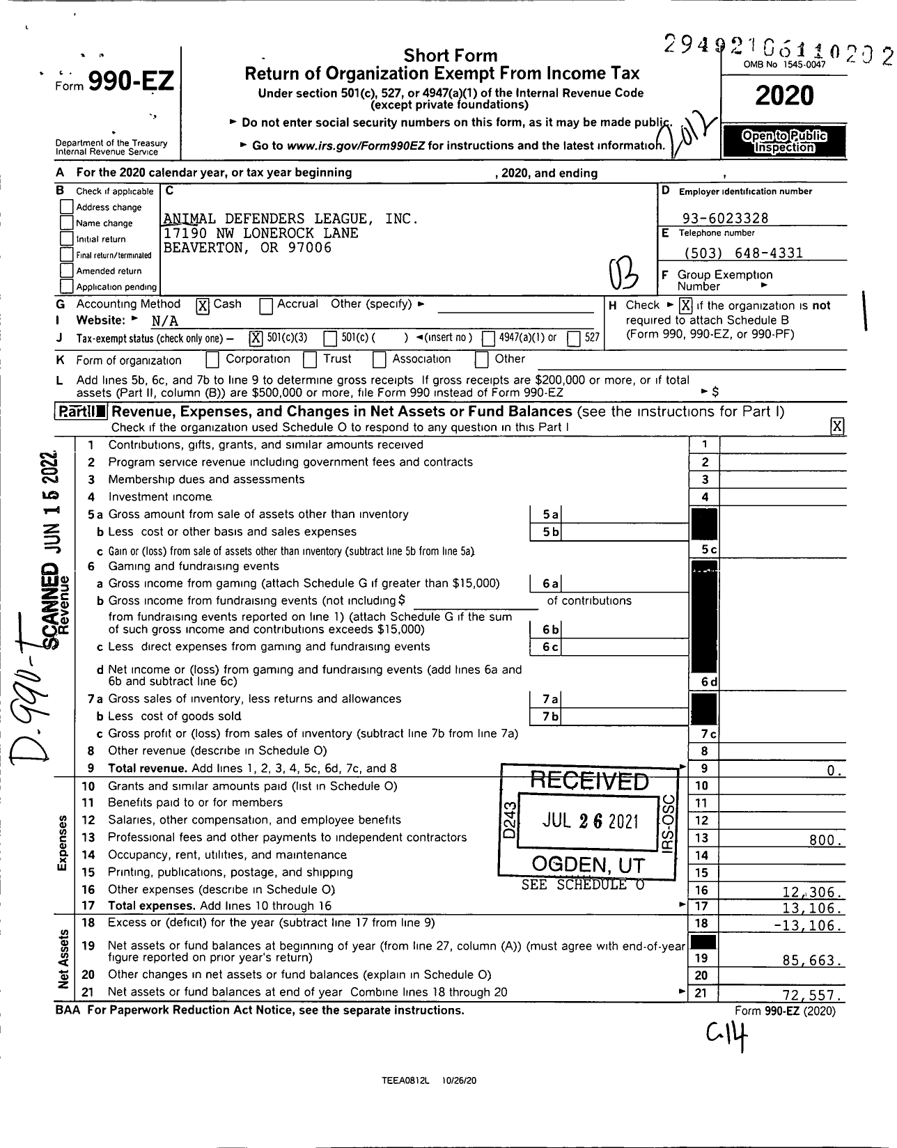 Image of first page of 2020 Form 990EZ for Animal Defenders League