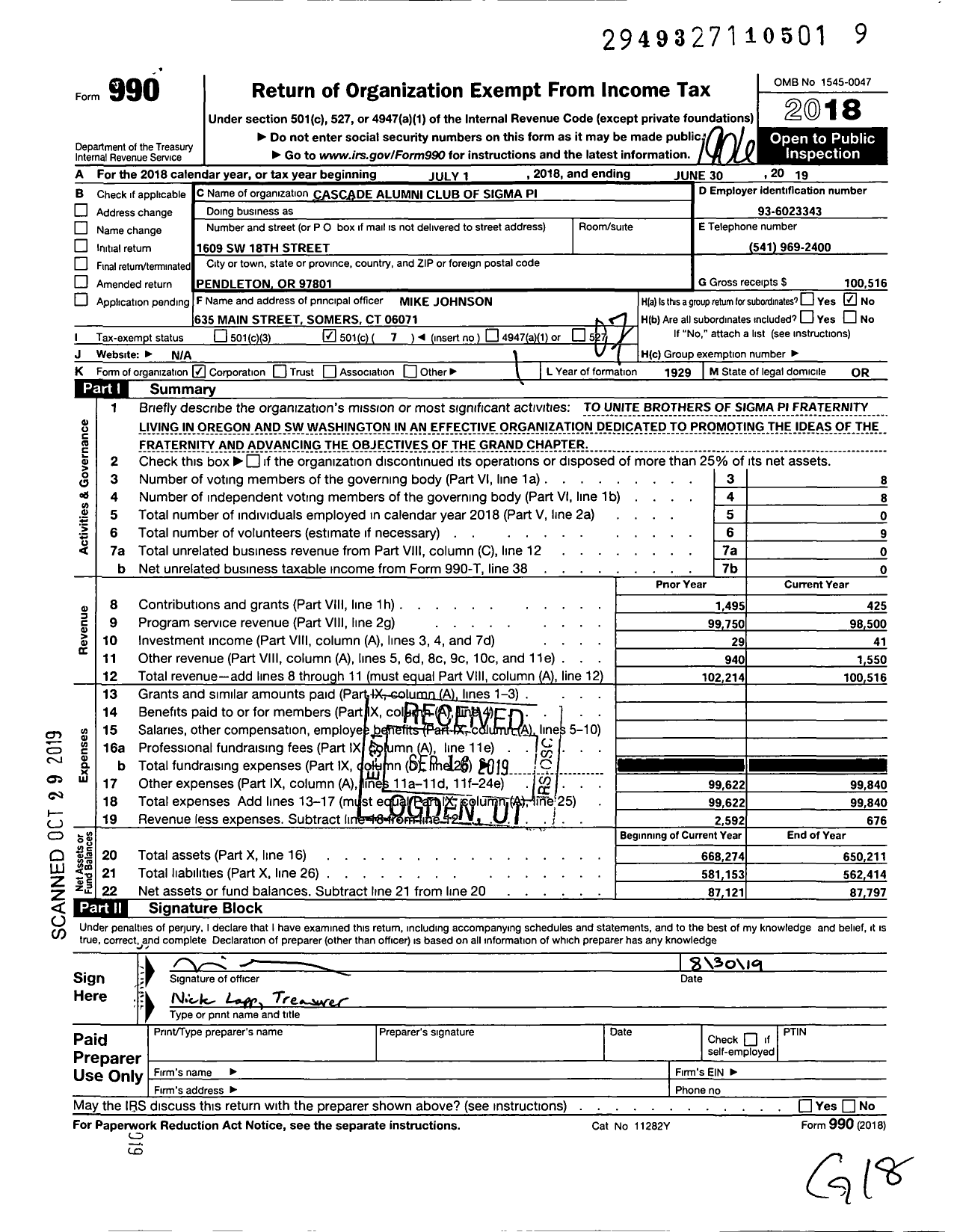 Image of first page of 2018 Form 990O for Cascade Alumni Club of Sigma Pi