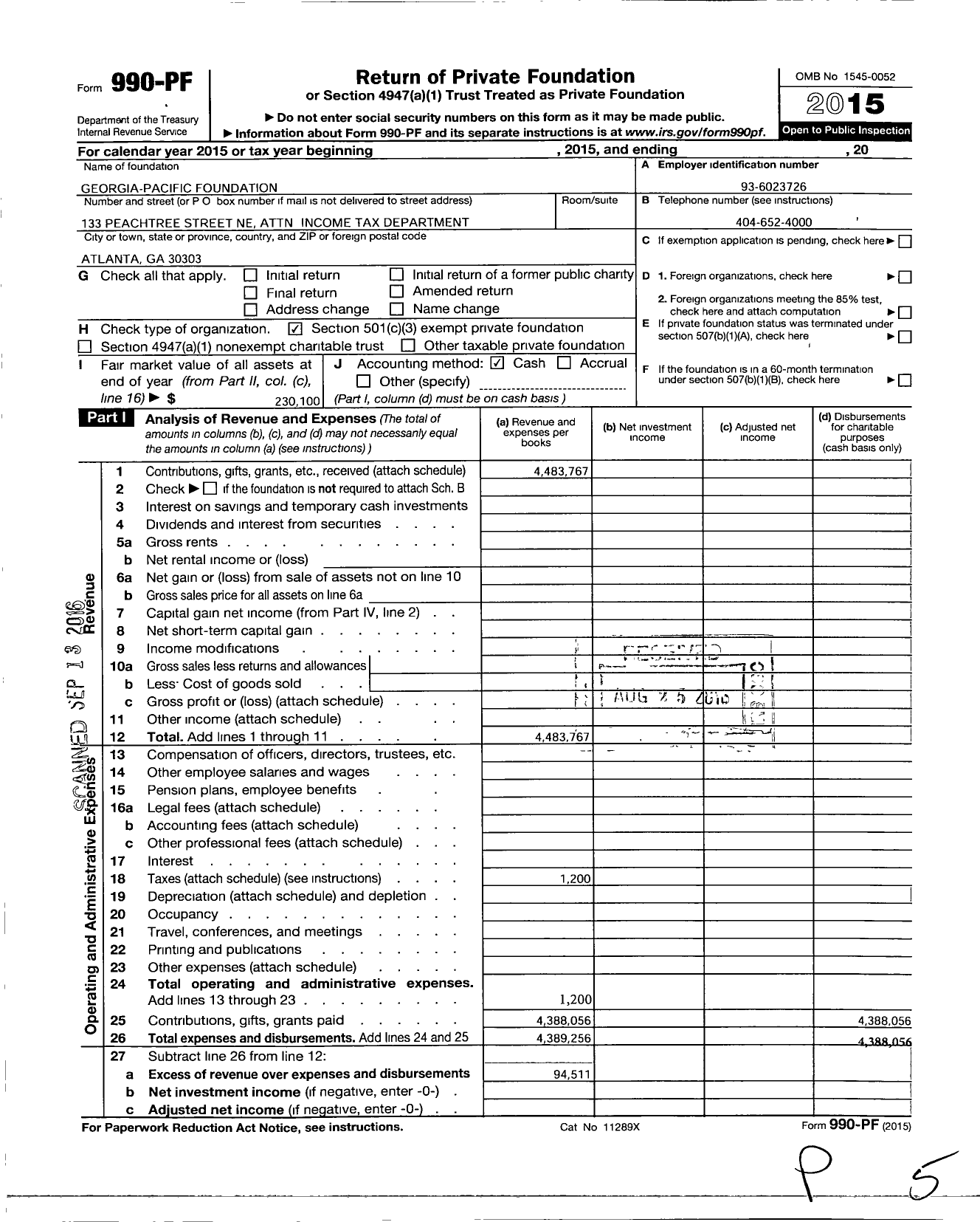 Image of first page of 2015 Form 990PF for Georgia-Pacific Foundation