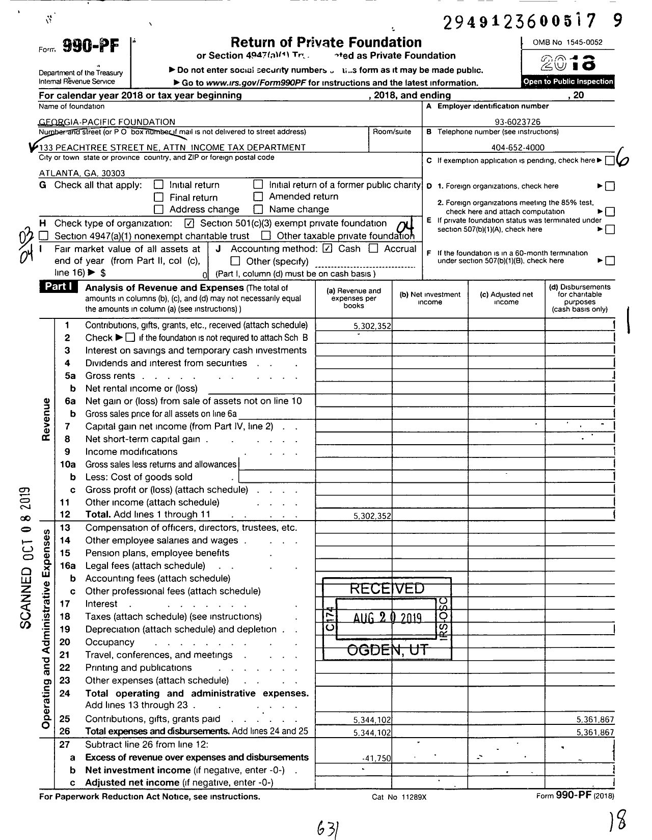 Image of first page of 2018 Form 990PF for Georgia-Pacific Foundation