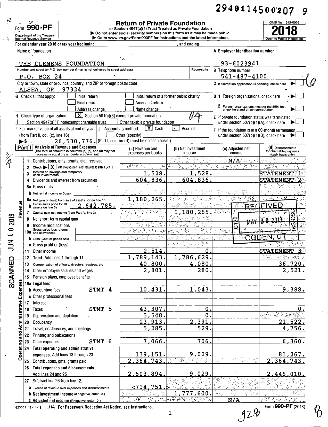 Image of first page of 2018 Form 990PF for The Clemens Foundation