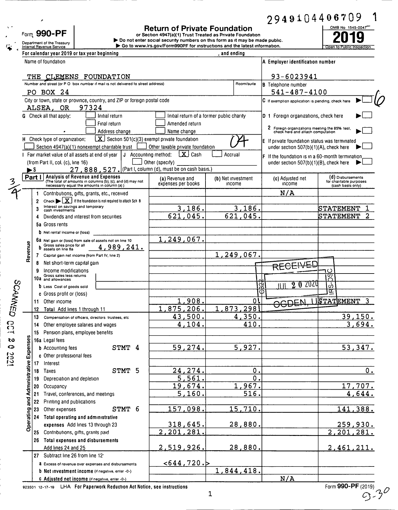 Image of first page of 2019 Form 990PF for The Clemens Foundation