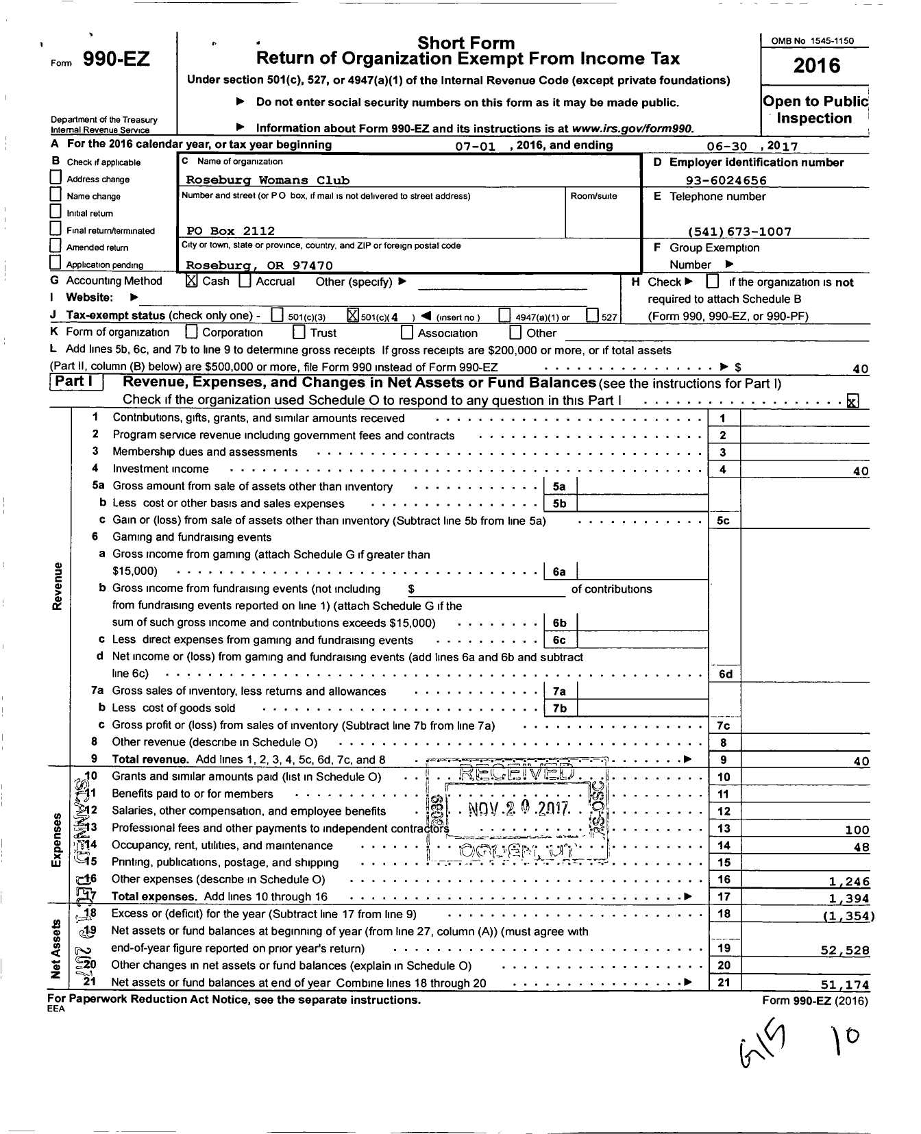 Image of first page of 2016 Form 990EO for Roseburg Womans Club