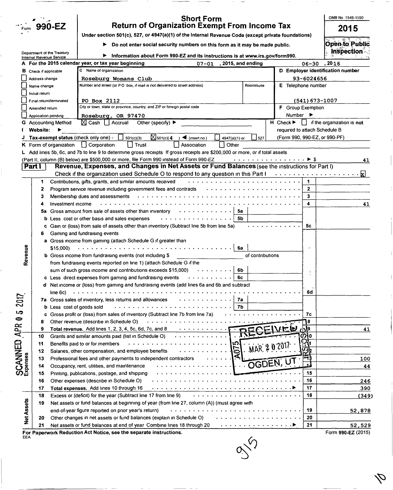 Image of first page of 2015 Form 990EO for Roseburg Womans Club