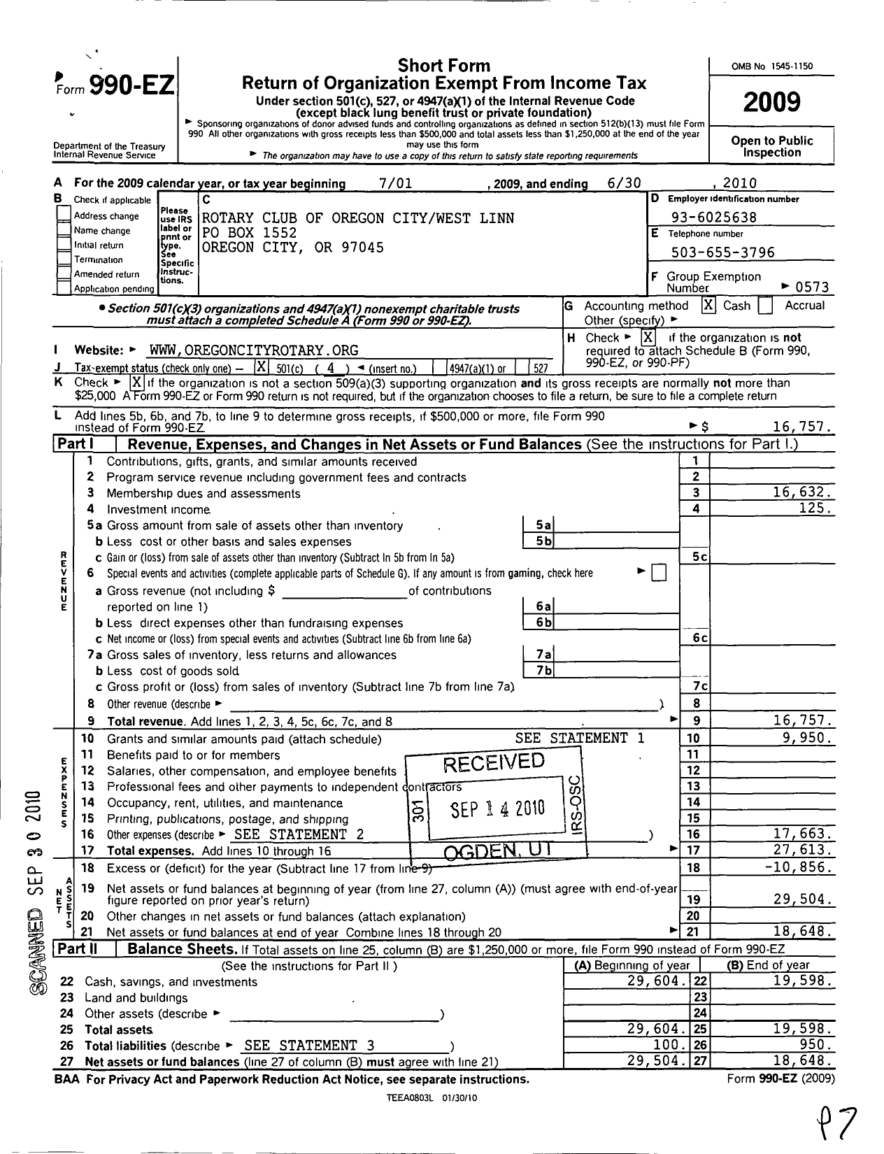 Image of first page of 2009 Form 990EO for Rotary International - Oregon City