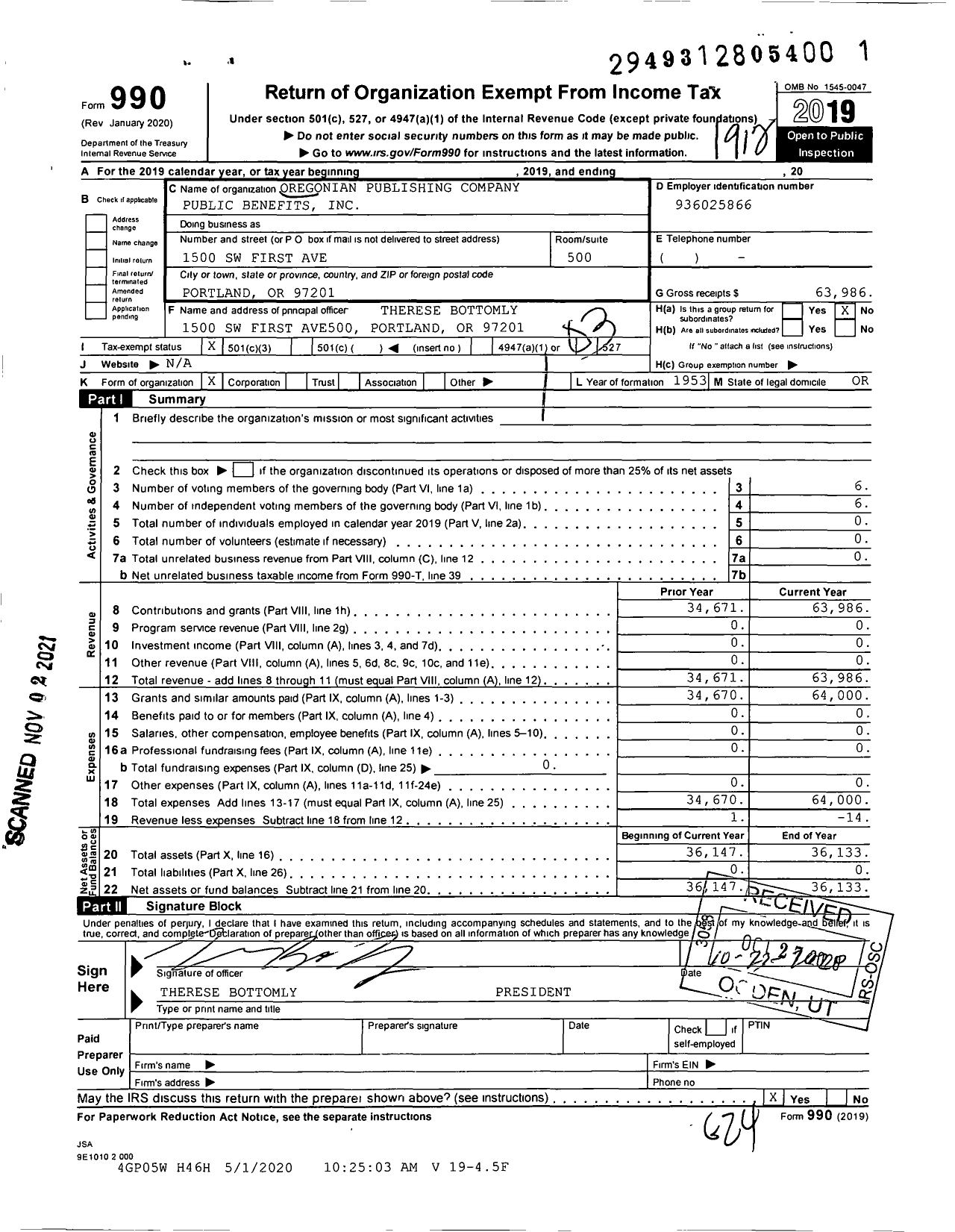 Image of first page of 2019 Form 990 for Oregonian Publishing Company Public Benefits