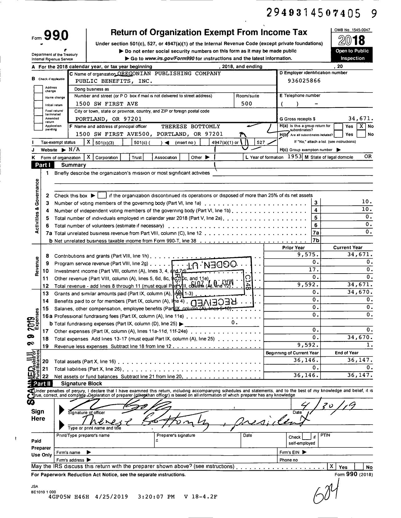 Image of first page of 2018 Form 990 for Oregonian Publishing Company Public Benefits