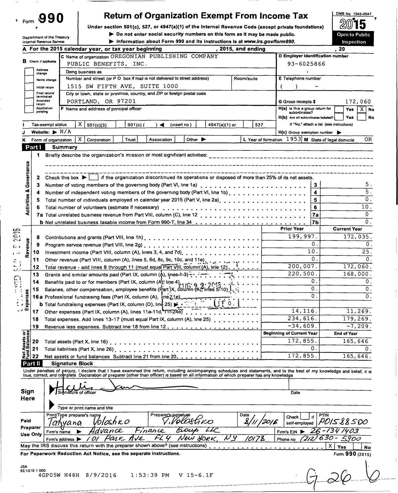 Image of first page of 2015 Form 990 for Oregonian Publishing Company Public Benefits