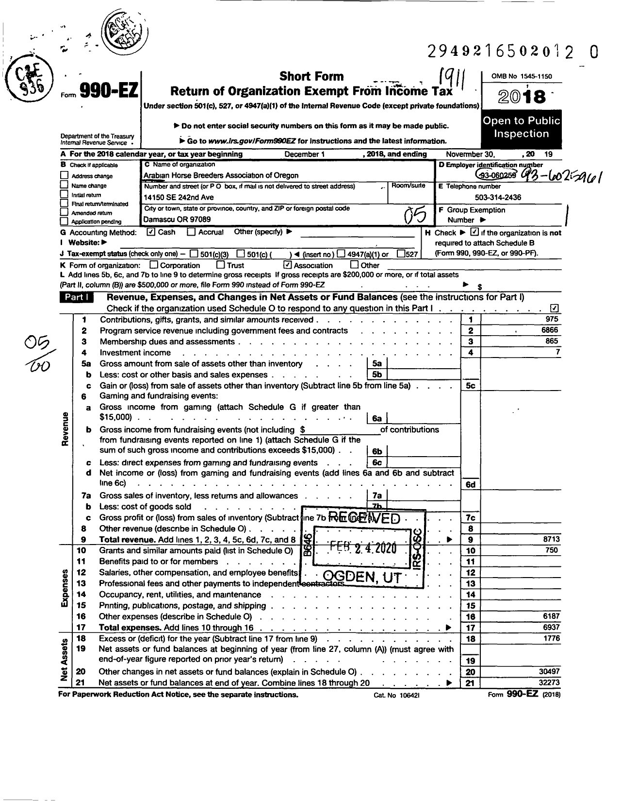 Image of first page of 2018 Form 990EO for Arabian Horse Breeders Association of Oregon