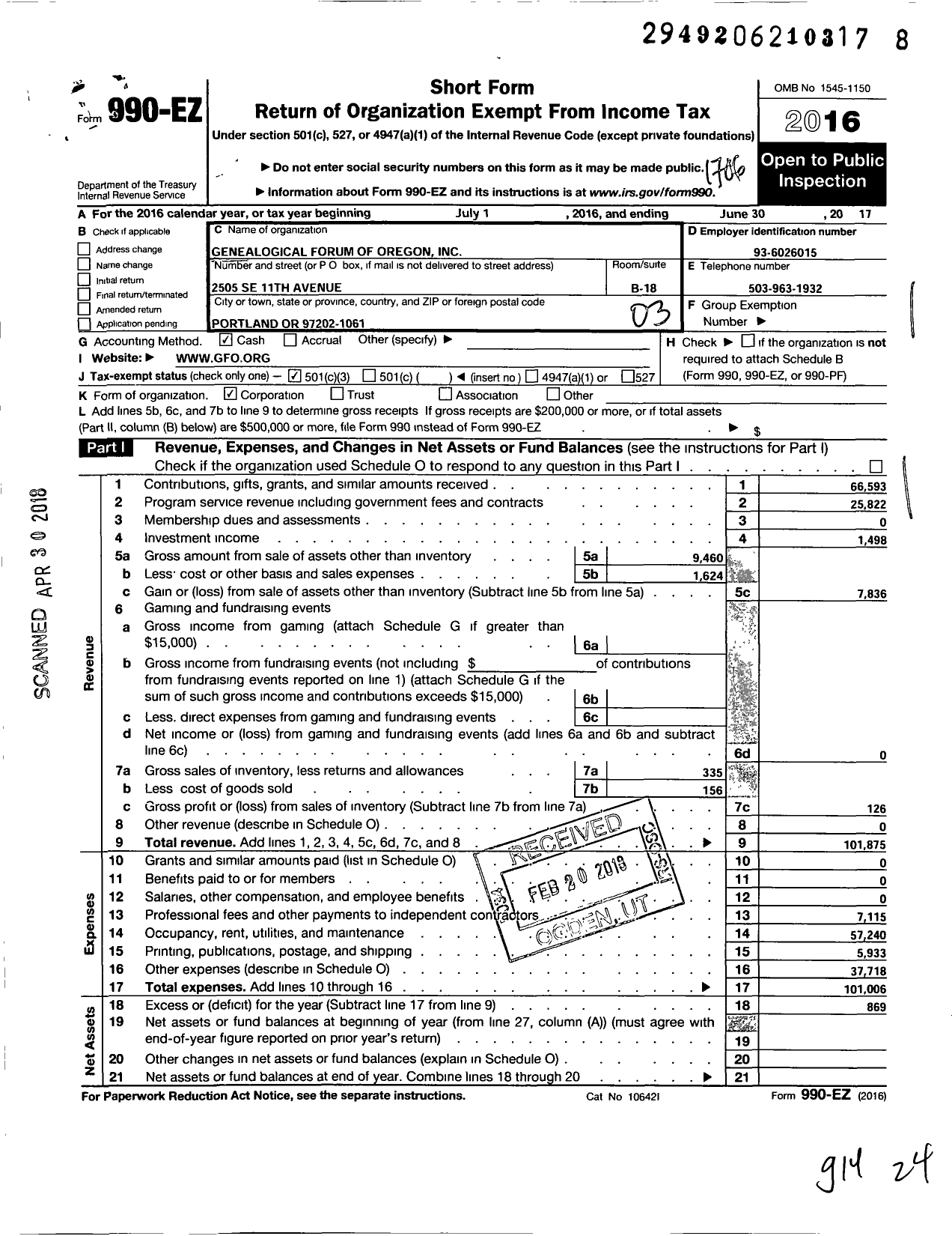 Image of first page of 2016 Form 990EZ for Genealogical Forum of Oregon