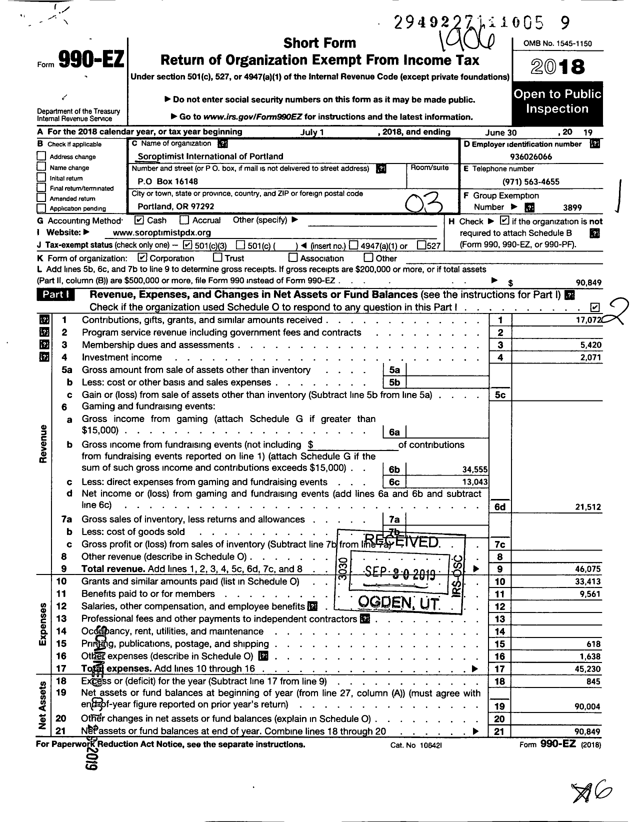 Image of first page of 2018 Form 990EZ for SOROPTIMIST International of THE AMERICAS - 111222 Portland OR