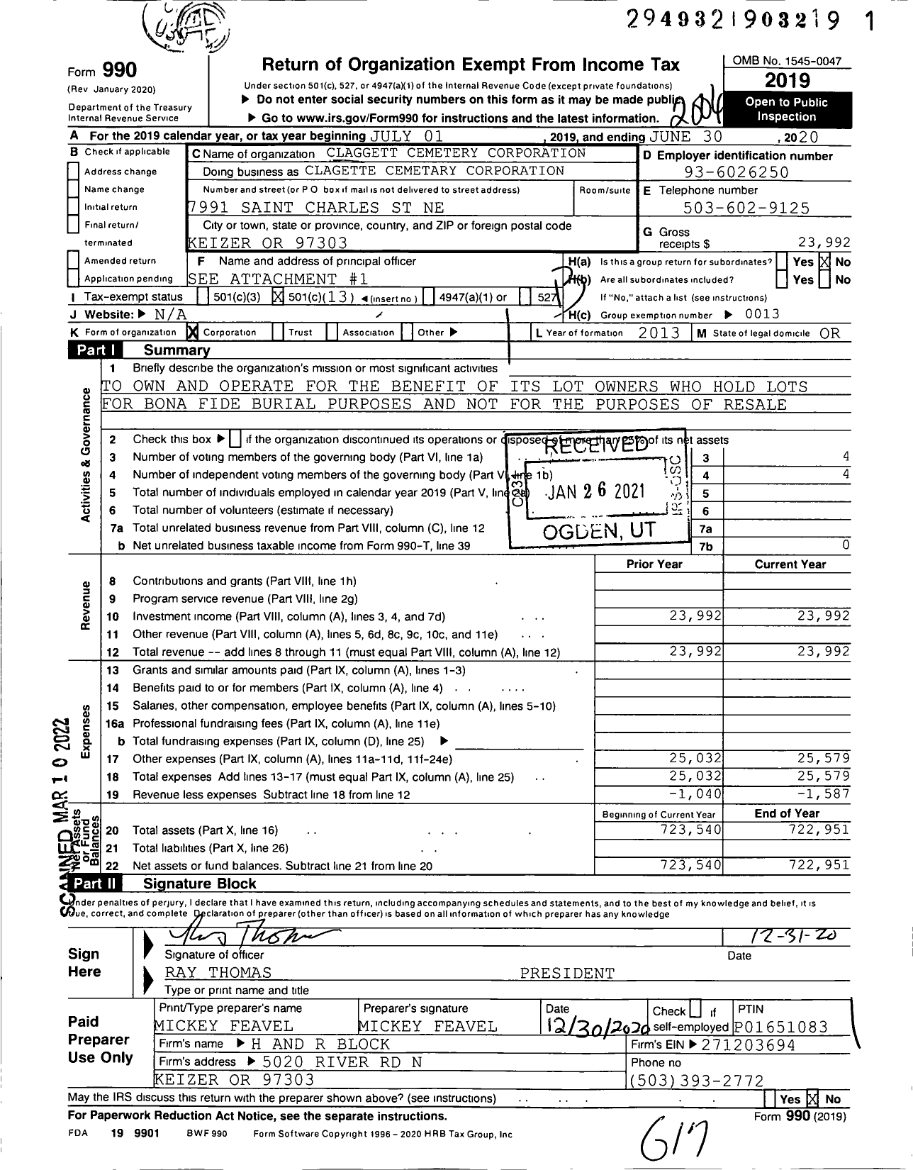 Image of first page of 2019 Form 990O for Claggett Cemetery Corporation