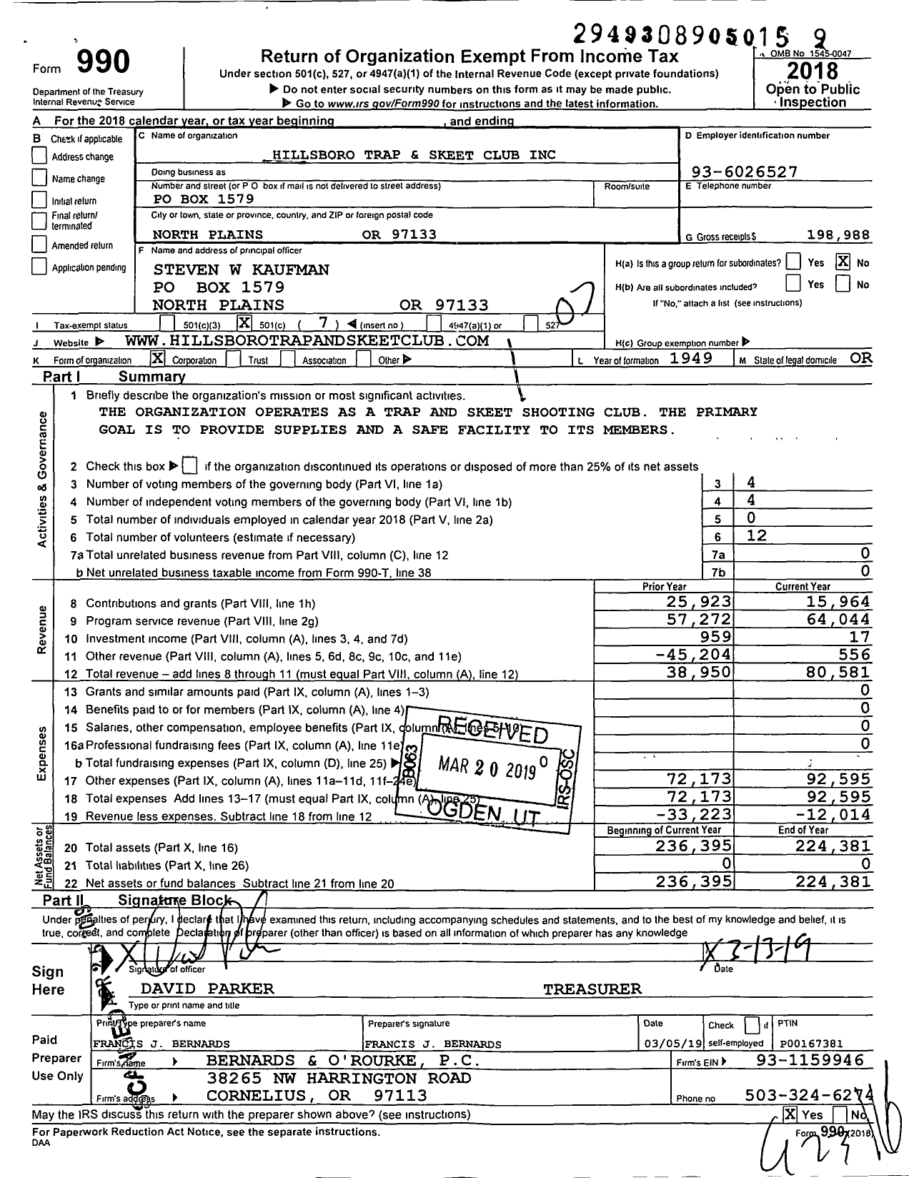 Image of first page of 2018 Form 990O for Hillsboro Trap and Skeet Club