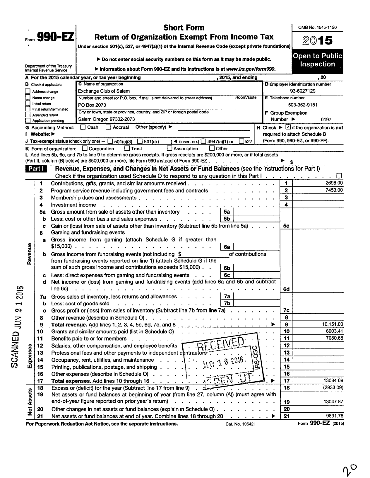 Image of first page of 2015 Form 990EO for National Exchange Club - 1979 Salem Or